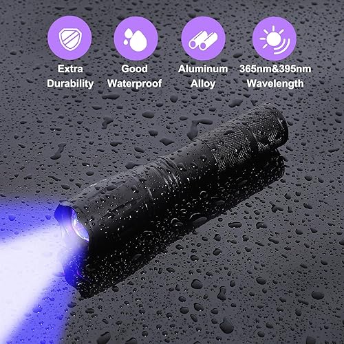 Miniatura 8 de KunHe Paquete de 2 linternas de luz negra, linterna de mano ultra brillante de 365 nm, luz negra UV con zoom de 395 nm, luz detector de orina de