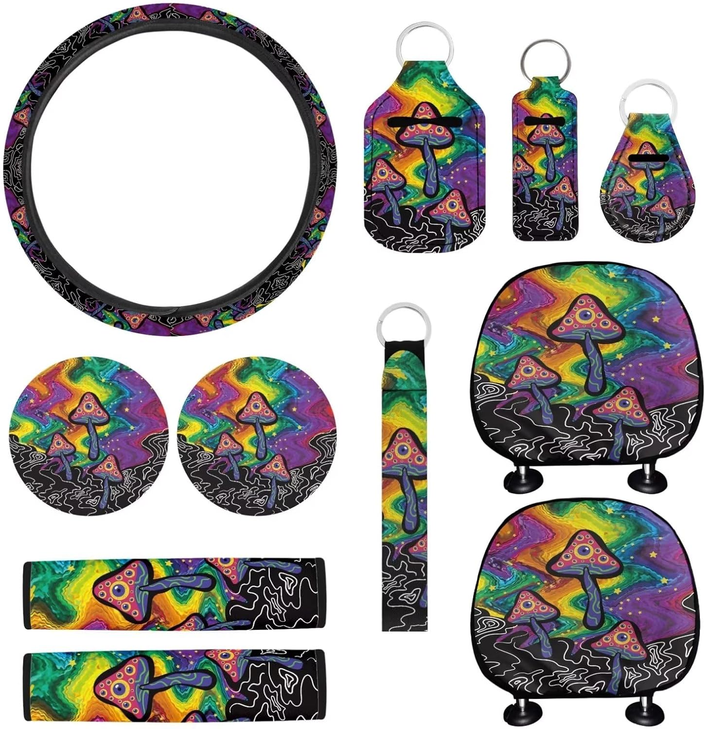 Hippie Mushroom Steering Wheel Covers for Women,Boho 60s 70s Wavy Swirl Print Universal 15 Inch Steering Wheel Protective with Seatbelt Pad Coaster Headrest Cover Keychain Car Accessories