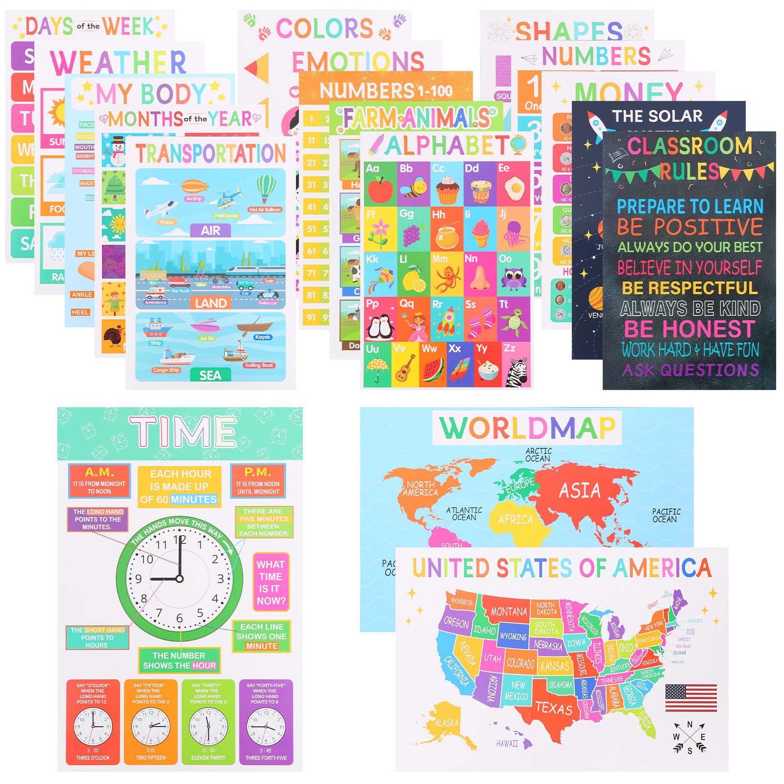 QINGLANG 18 Pack Educational Posters for Toddlers Preschool Learning Wall Charts for Kids Nursery Homeschool Classroom Decorations Wall Stickers Alphabet Numbers Colours Days Weather Shapes(Style 1)