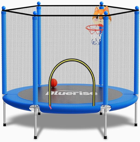 BLUERISE 55IN 6FT Toddler Trampoline for Kids Indoor Outdoor Play for Kids Trampoline Basketball Hoop Attachment with En