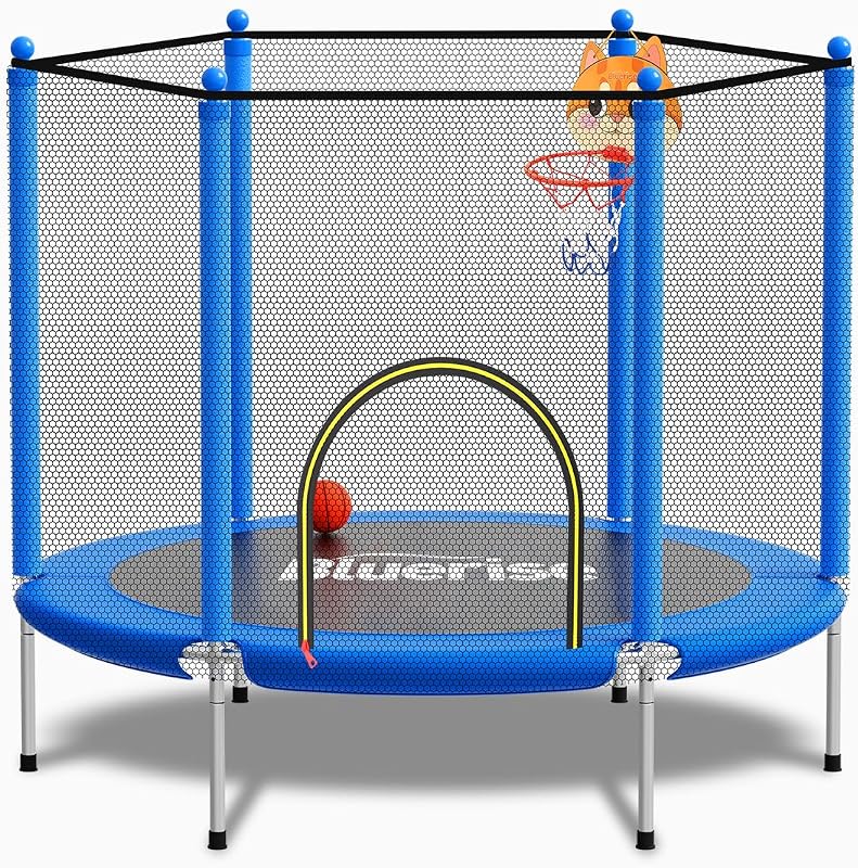 Trampolín interior y exterior de 55 pulgadas y 6 pies con recinto para regalo de niños | Trampolín interior y exterior para niños, con recinto, aro de baloncesto, columpio, barra de gimnasio ajustable, diseño sin espacios, fondo antivuelco