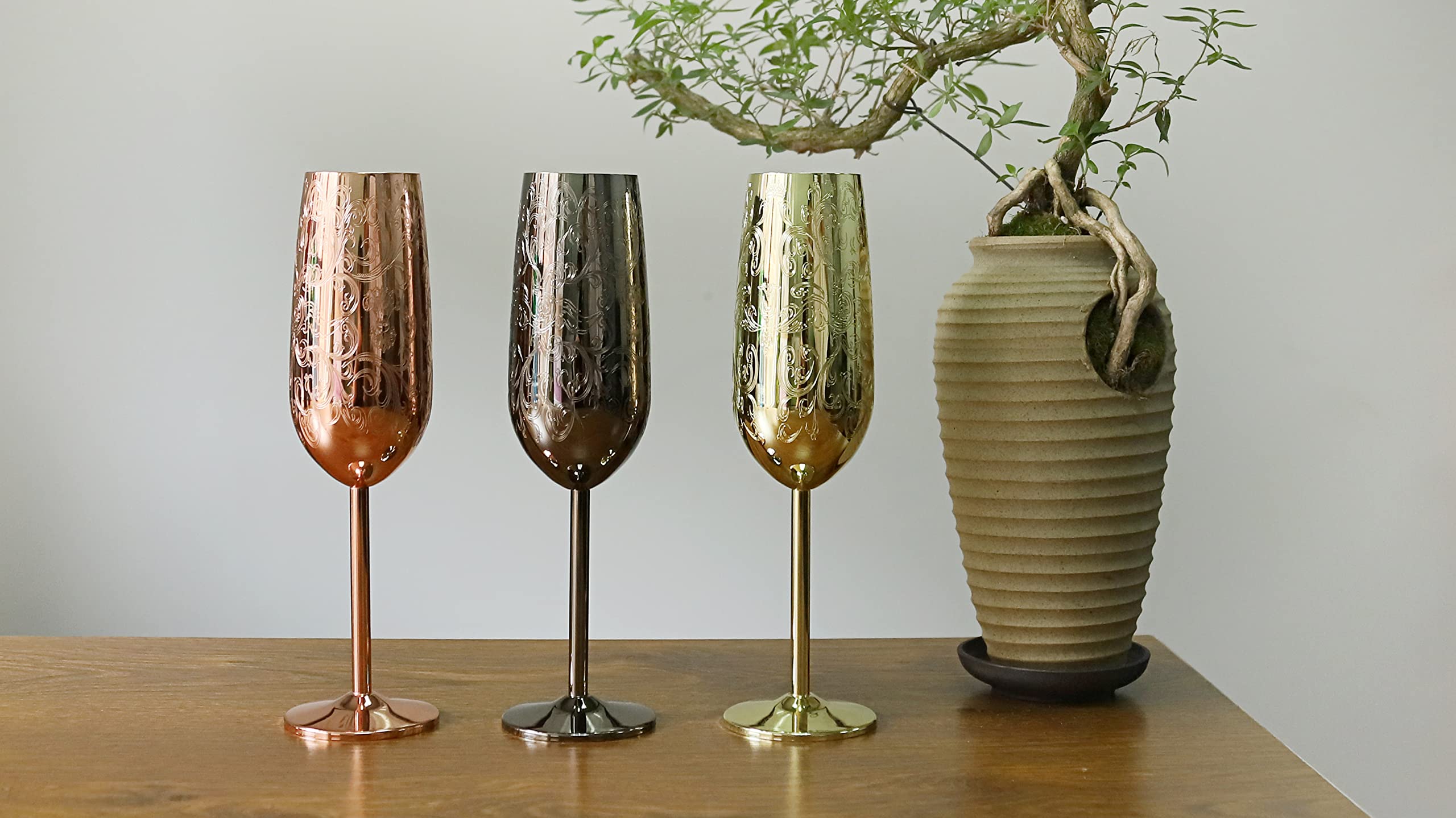 Set di 2 bicchieri da champagne in acciaio inox, 200 ml, per matrimoni, feste e anniversari (placcati nero)
