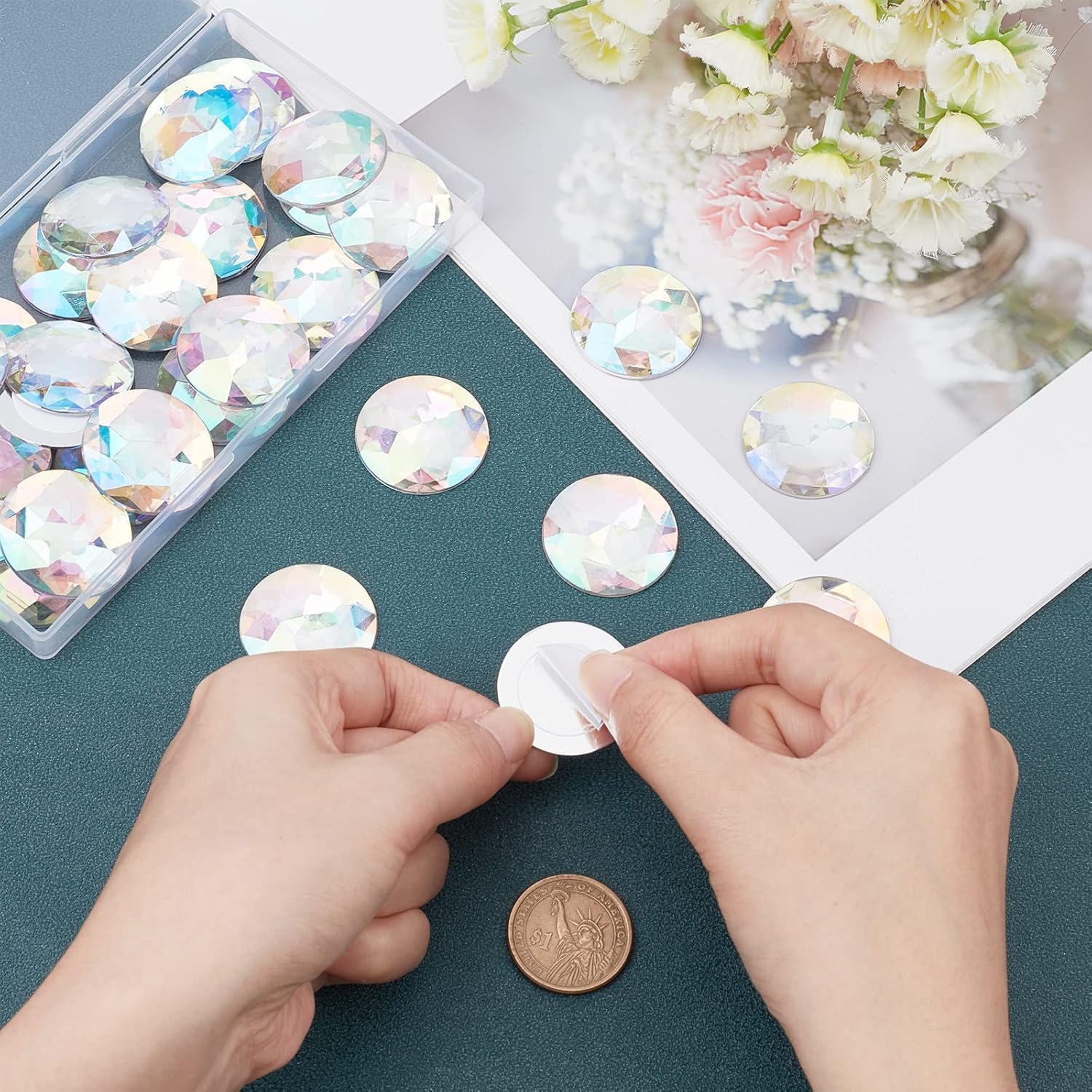 FINGERINSPIRE 30Pcs 30mm Flat Back Round Acrylic Rhinestones with Container Self-Adhesive Crystal Circle Gems Sparkling Plastic Stickers for Costume Making Cosplay Jewels Crafts (Clear AB) - Image 3