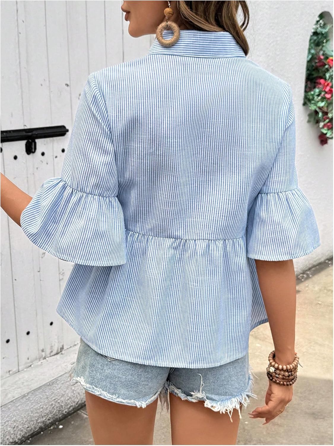 SweatyRocks Women's Summer Ruffle Button Down Peplum Shirts Striped Half Sleeve Flowy Collar Blouse Tops - Image 3