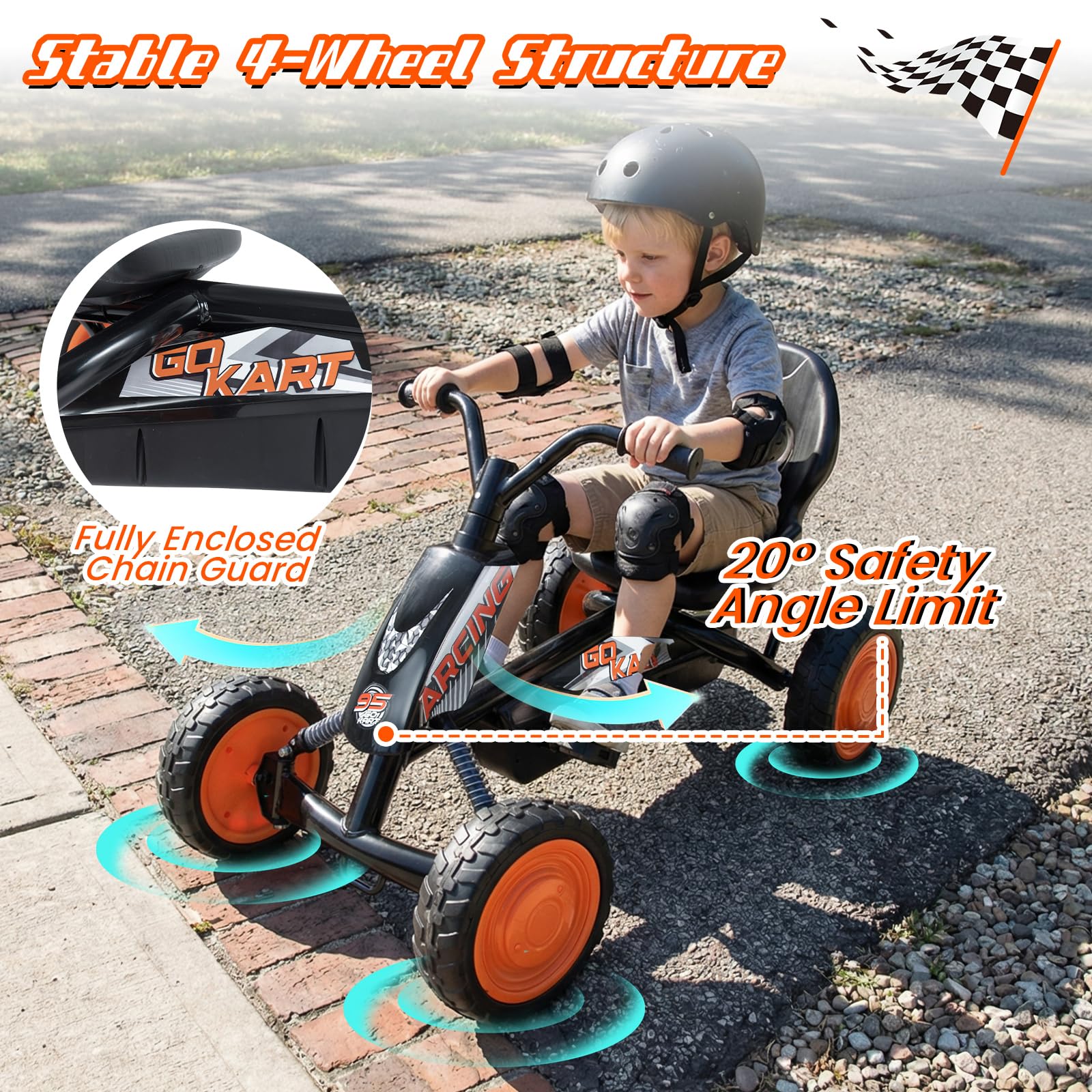 FANTASK Niños Gokart con Pedal, Asiento Ajustable, Marcha adelante y atrás, soporta hasta 30 kg, Coche de Pedal Exterior para niños y niñas a Partir de 3 años (Negro)