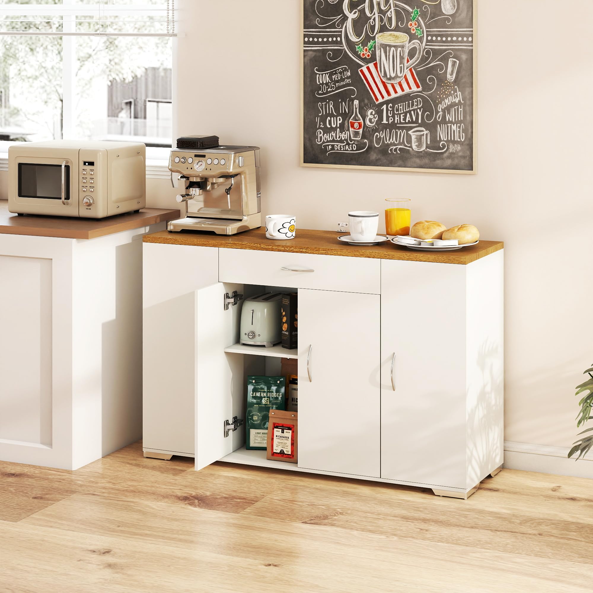 Credenza Cucina Moderna 110×30×70 cm, Mobile Cucina Salvaspazio con 1 Cassetto e 4 Ante, Madia Cucina Antiribaltamento, Legno MDF, Bianca