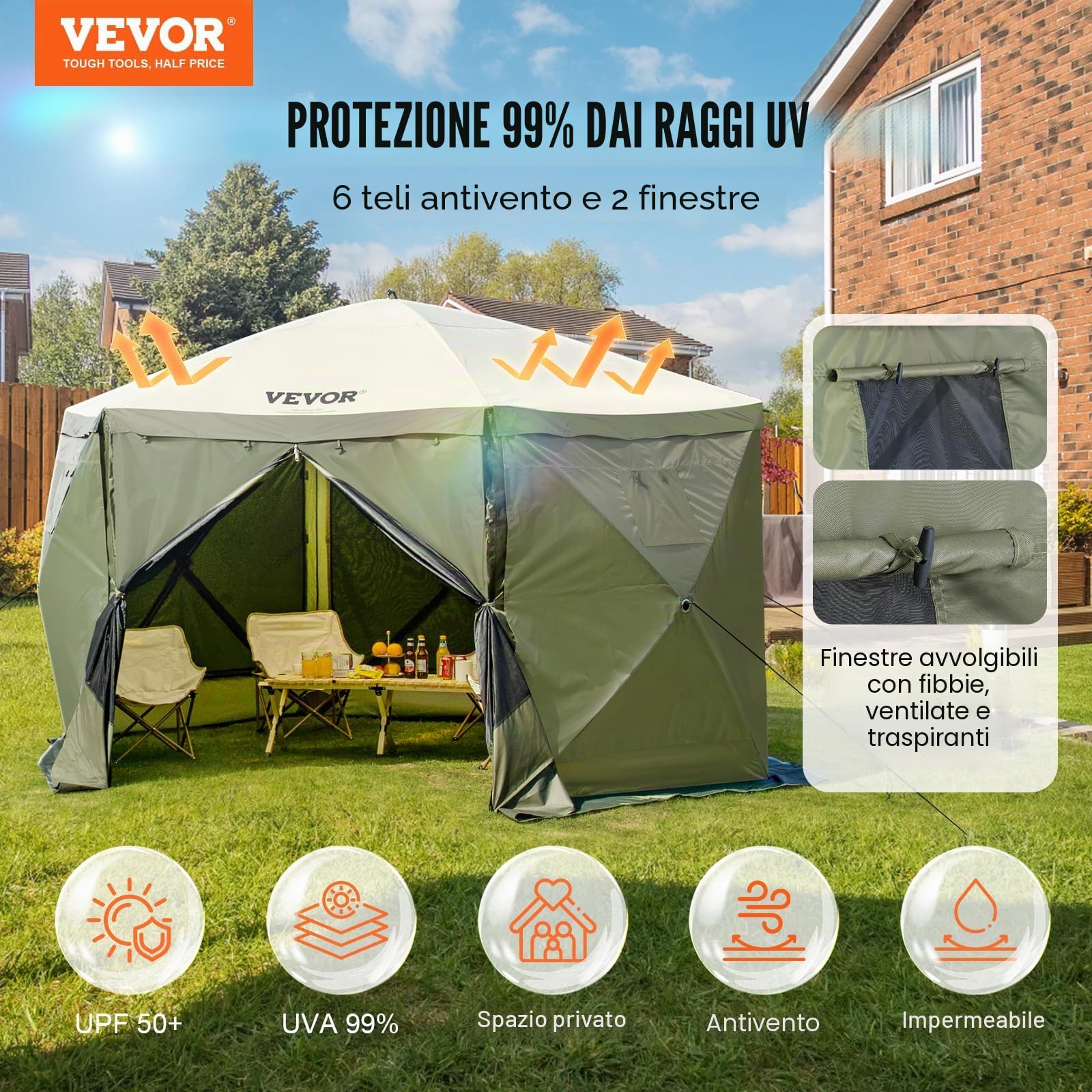 VEVOR Gazebo Pop-Up, Tenda con Schermo Pop-Up, Baldacchino su 6 Lati, Riparo da Sole 6 Panni Antivento Rimovibili Finestre in Rete, con Zanzariera Schermo a Montaggio Rapido 3,66 x 3,66 m Verde