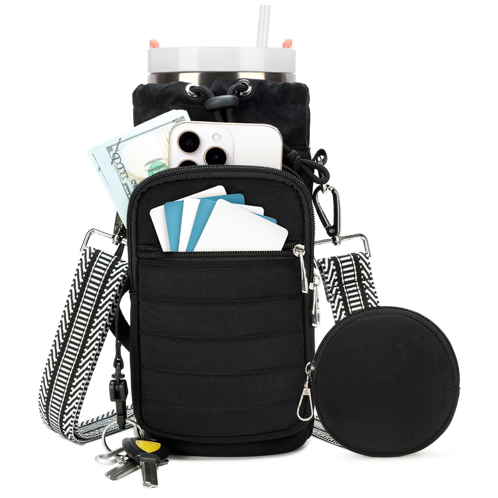 YIQUN Water Bottle Carrier Bag with Strap, Sling Bag for Walking, Hiking, Cycling, Black, 40 Ounces