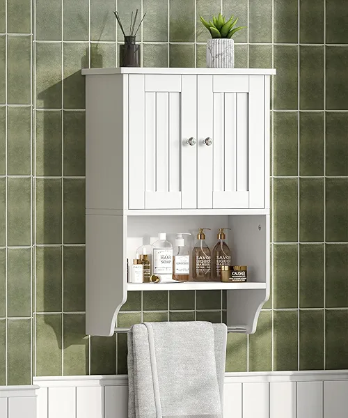 Irontar Small Medicine Cabinet with Towel Bar, Modern Bathroom Wall Cabinet with 2 Lined Doors, Over the Toilet Storage Cabinet with Adjustable Shelf, for Bathroom, Living Room, Kitchen, White CWG018W
