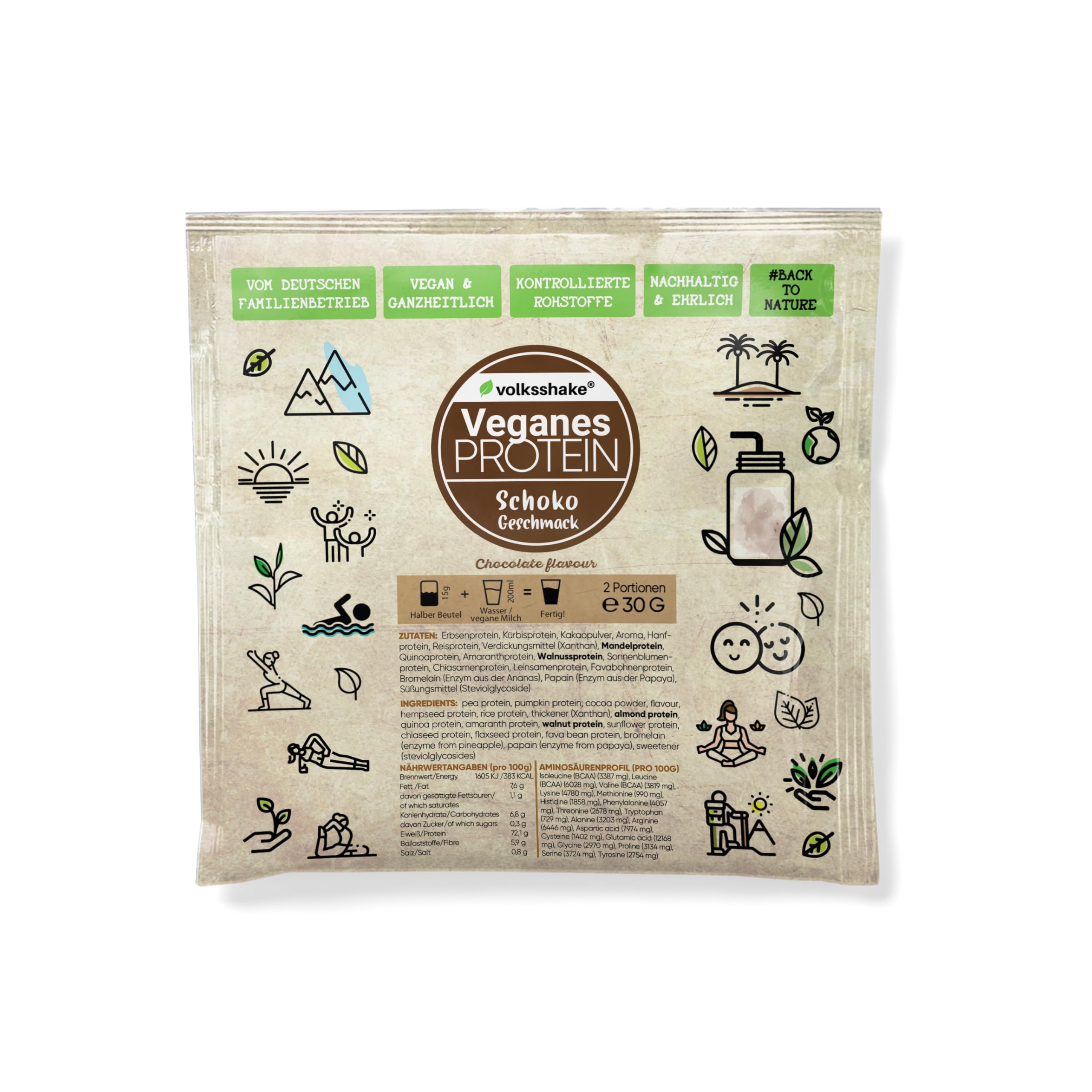 Volksshake Probeset | Kleinpackungen zum Probieren | 17 verschiedene Sorten | Veganes Protein | Smoothiepulver | Premiumqualität vom Bodensee | Made in Germany (Packung mit 2)