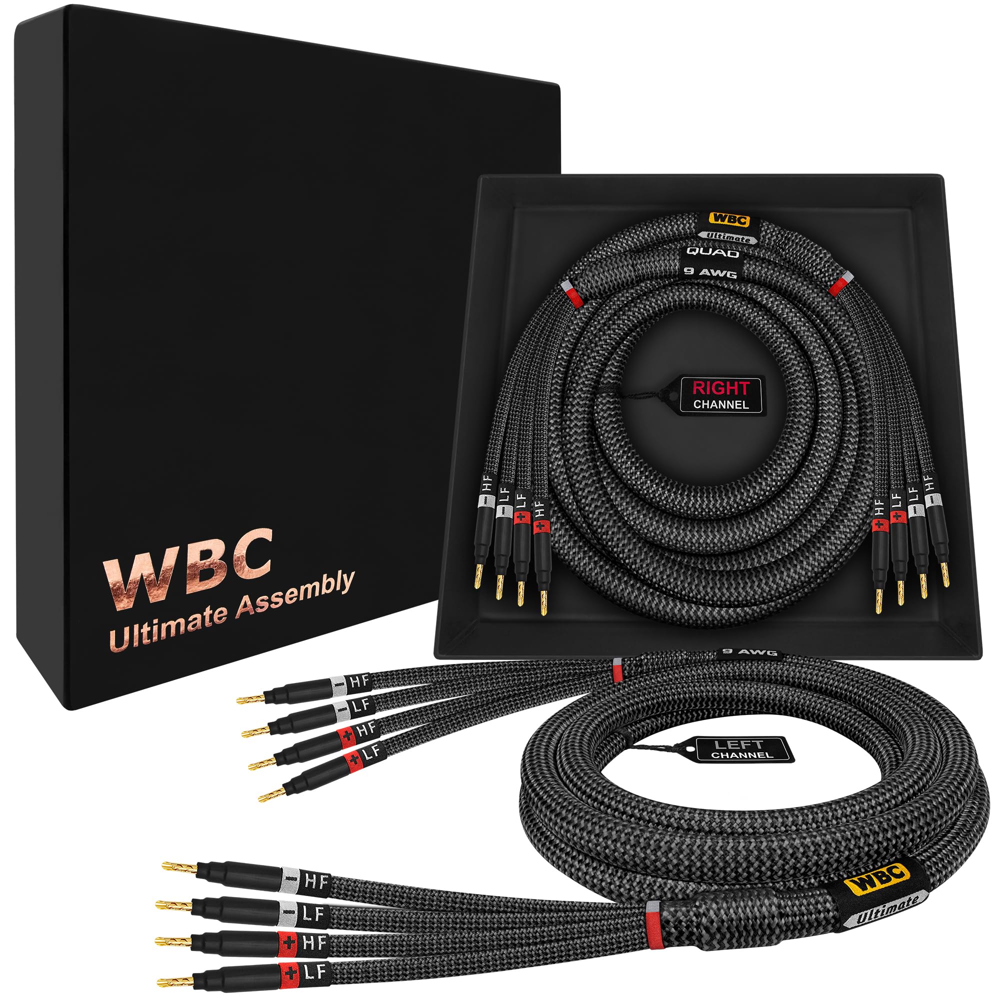 WORLDS BEST CABLES 10 Foot Ultimate - 9 AWG - Ultra-Pure OFC – Extra Premium Audiophile HiFi Bi-Amp Speaker Cable Pair with Eminence Gold Banana Plugs & Carbon Tweed Jacket