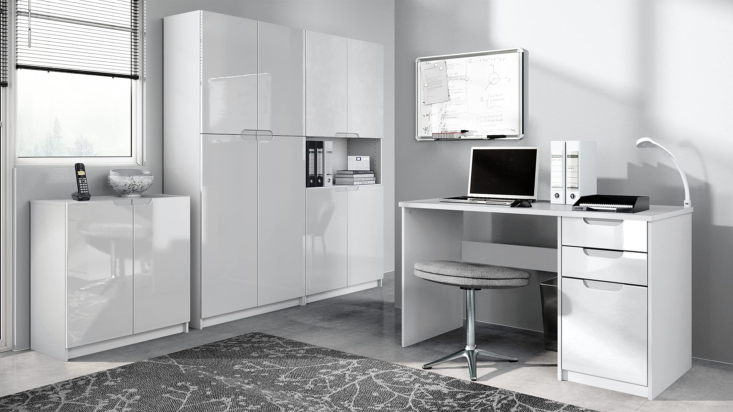 Vladon Büromöbel Arbeitszimmer Set Logan Weiß matt Hochglanz Made in Germany