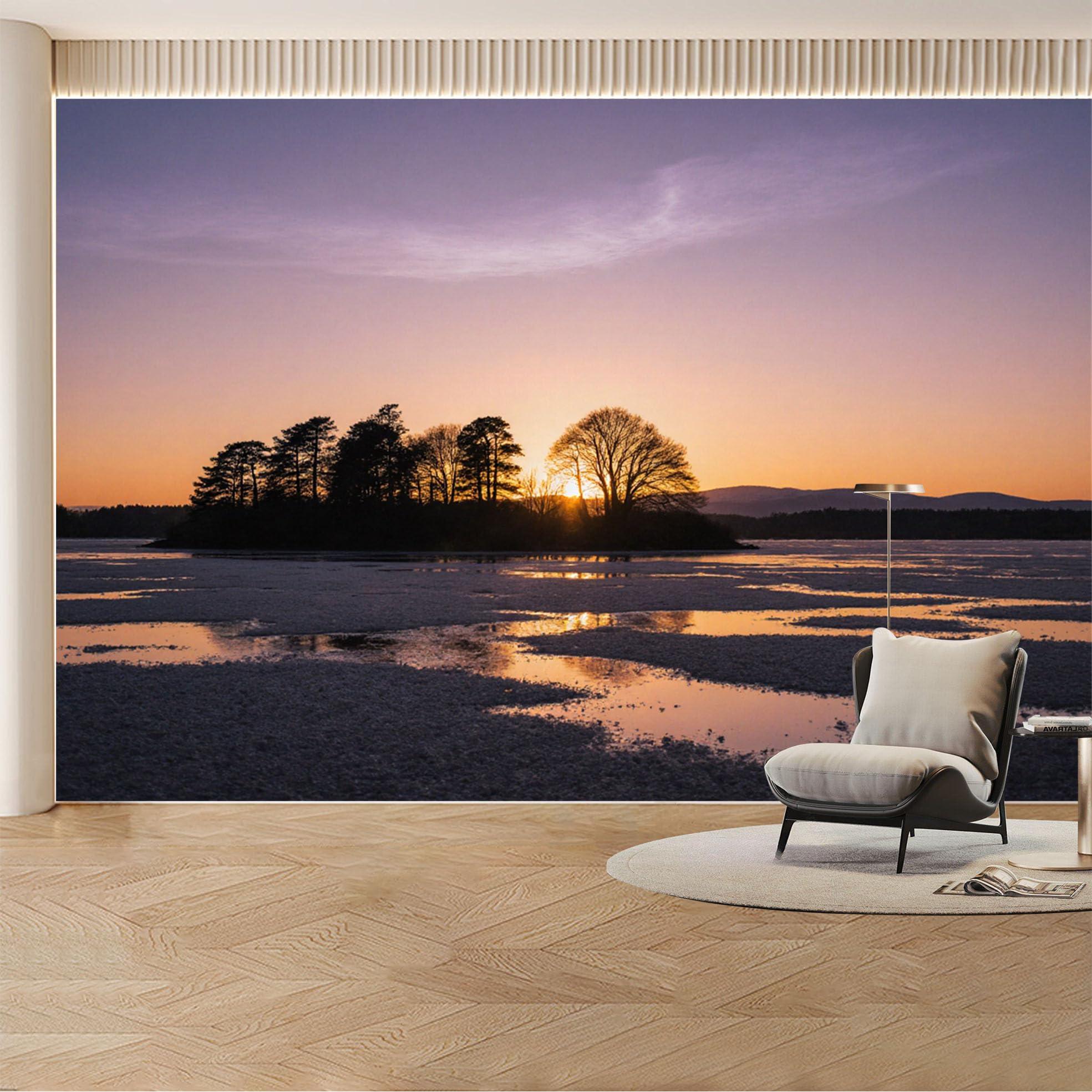 Custom Wall Mural Wallpaper Island Tree Silhouette Landscape Nature 3D Effect Large Wall Art Sunset Misty Removable SelfAdhesive Large Photo for Living Room， Bedroom， Office