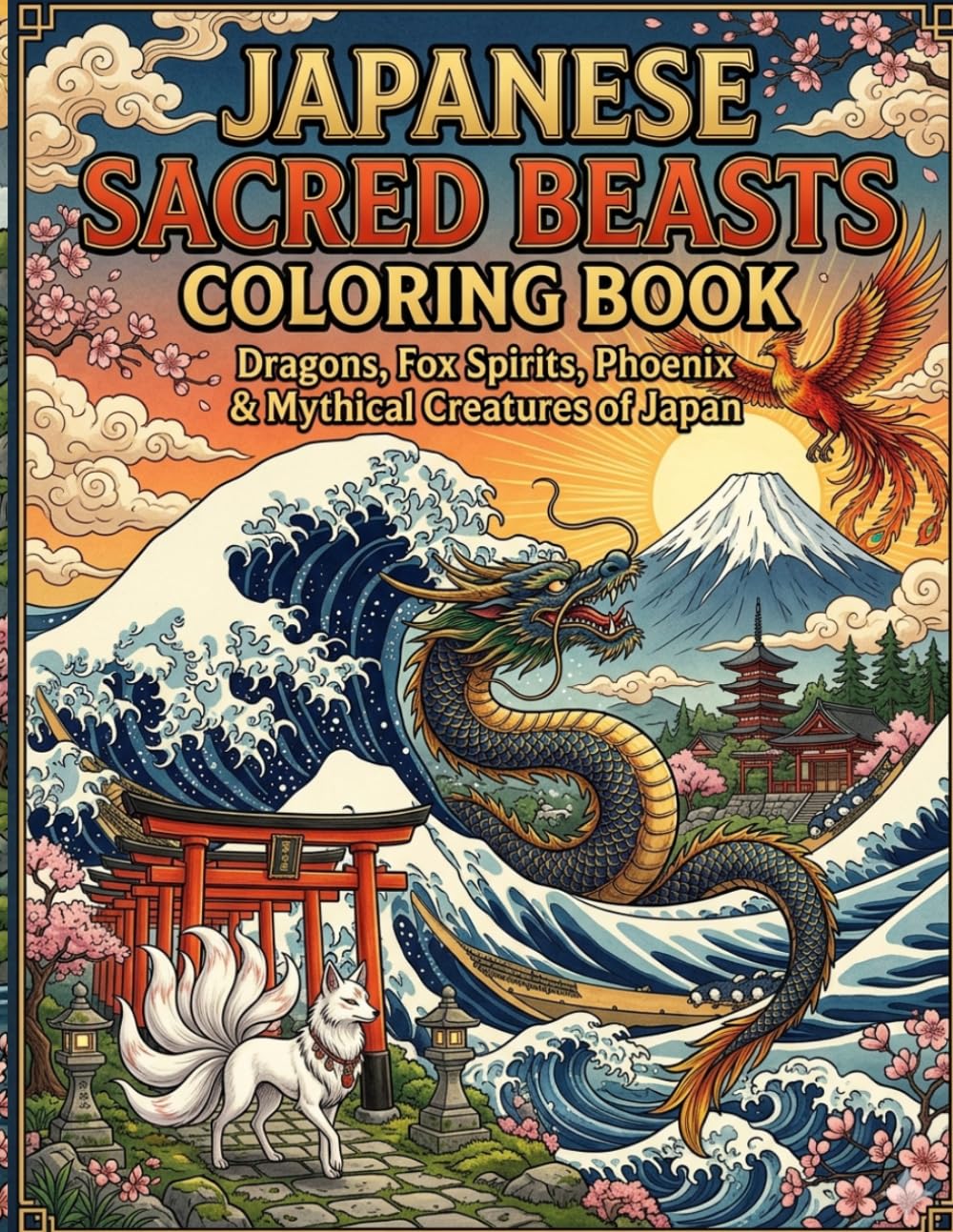 Japanese Sacred Beasts Coloring Book: 50 Mythical Creatures, Dragons, Fox Spirits and Legendary Guardians from Japanese Folklore