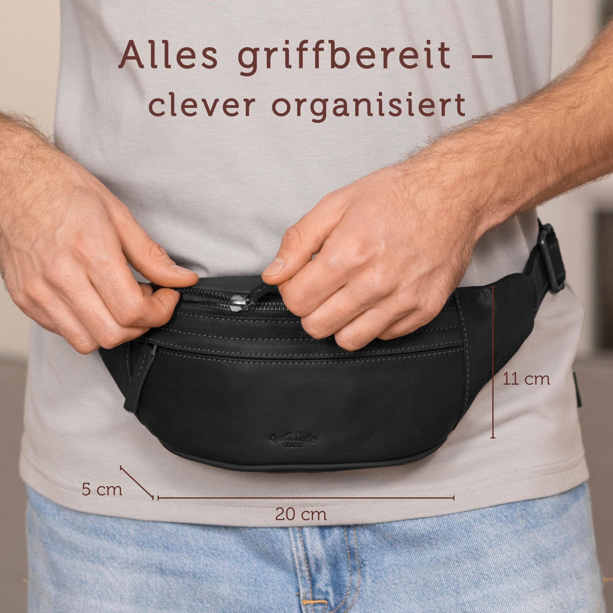 Gusti Bauchtasche Leder Schwarz – Hochwertige Gürteltasche Damen Herren, Verstellbarer Gurt, Viel Stauraum, Unisex Crossbody Bag, Bauchtasche Leder Schwarz Echtleder