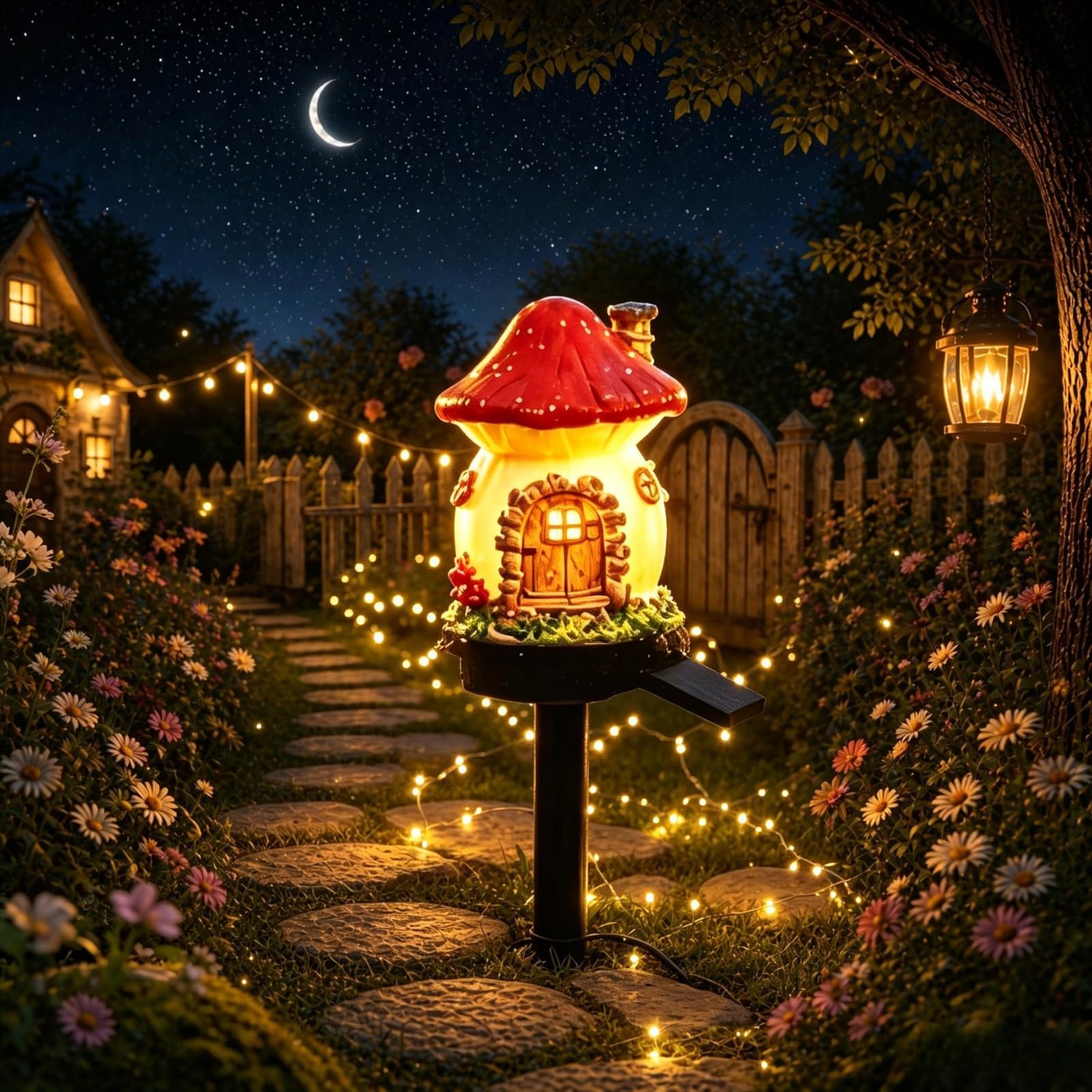 Solar Fairy-Tale Mushroom House Lights Cottage Garden Stake Lights, Resin Mushroom Cottage Figurine, Waterproof LED Mushrooms House Statue Lamp, Outdoor Landscape Pathway Yard Patio Lawn Deco (#B)