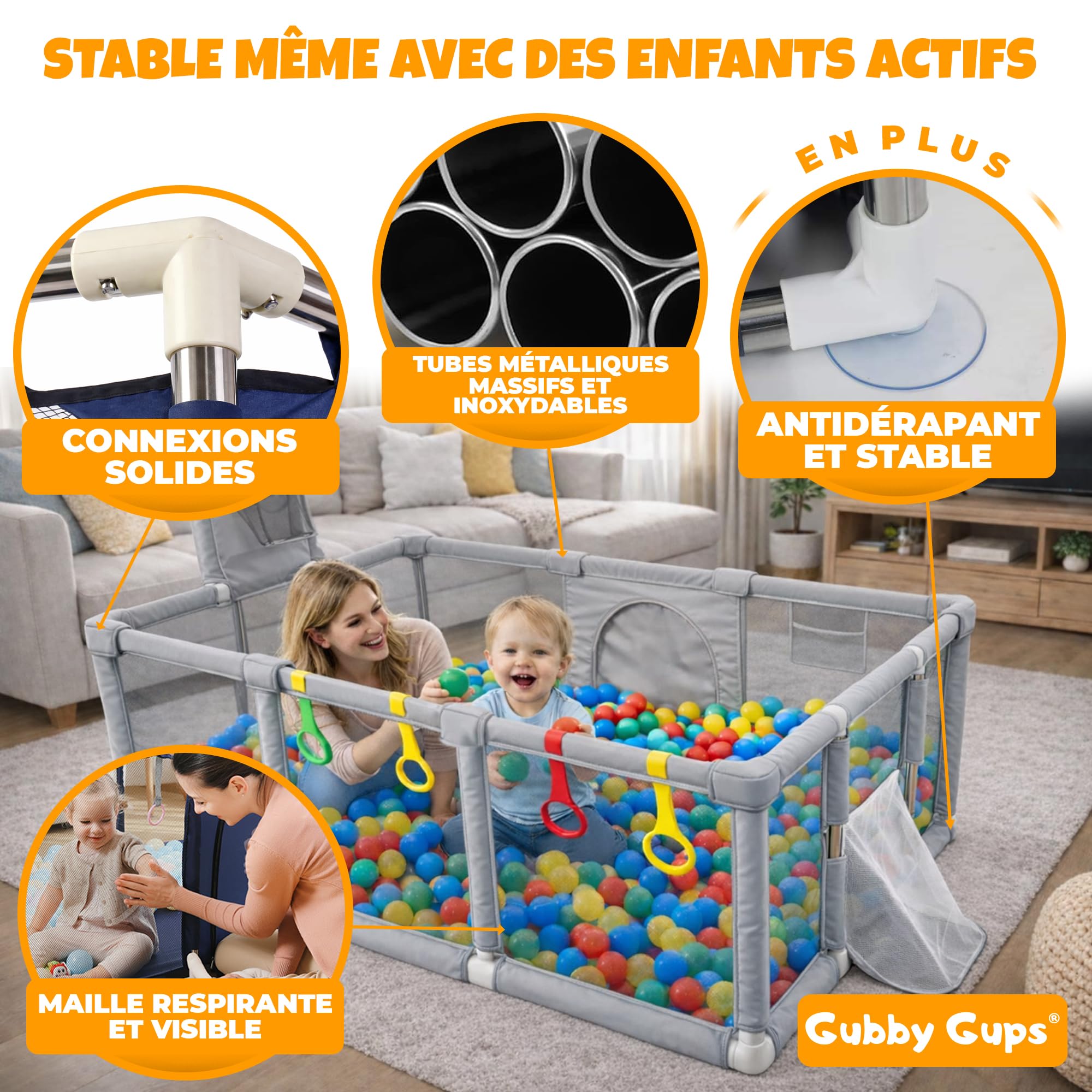 Parc bébé XXL 180x122 cm avec panier de basket et but de football – Aire de jeu sécurisée pour bébé et enfant – Filet respirant, anneaux de motricité et structure stable – Gubby Gups
