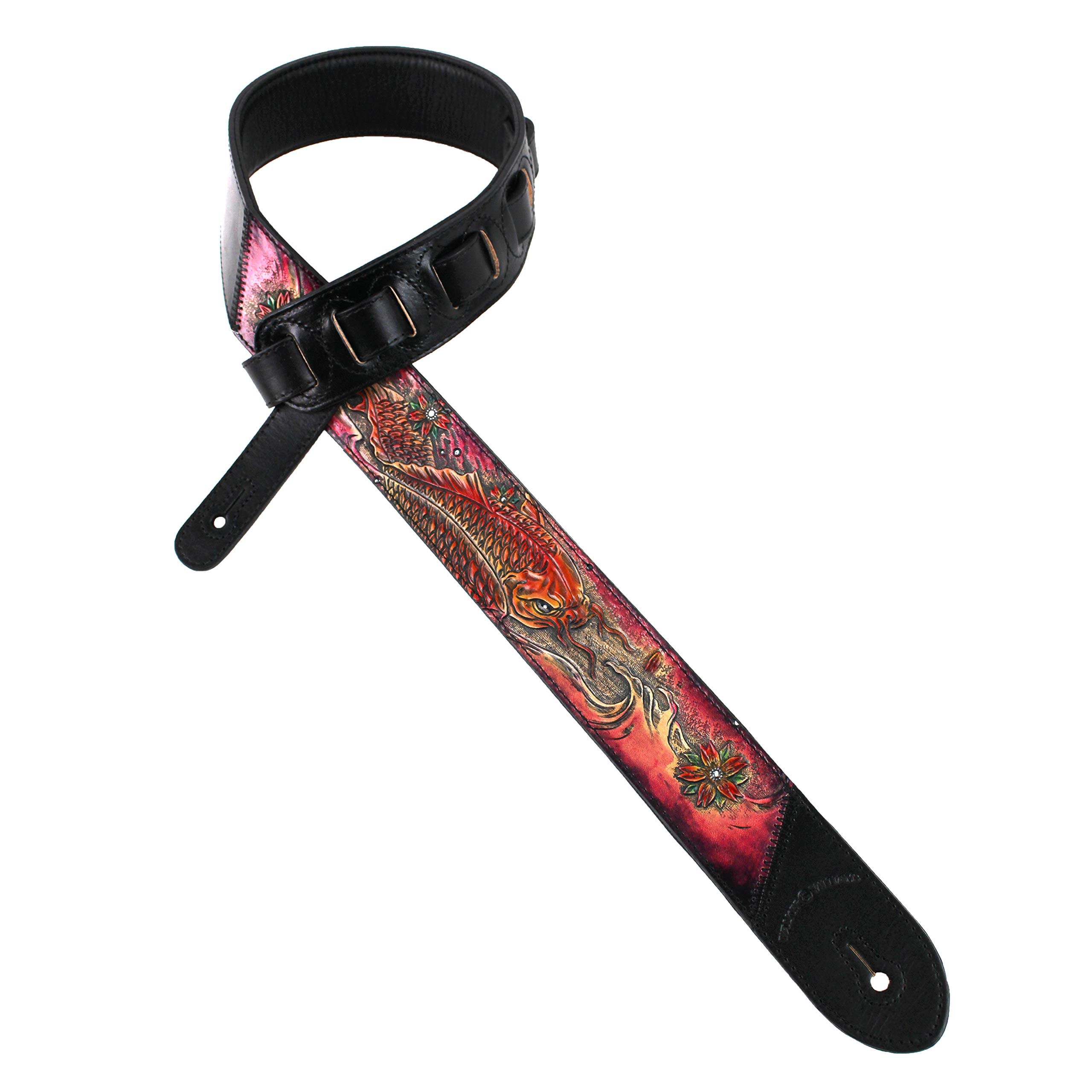 Walker And Williams KB-21 Black & Magenta Carved Grain Leather Strap W/Fire Koi Design