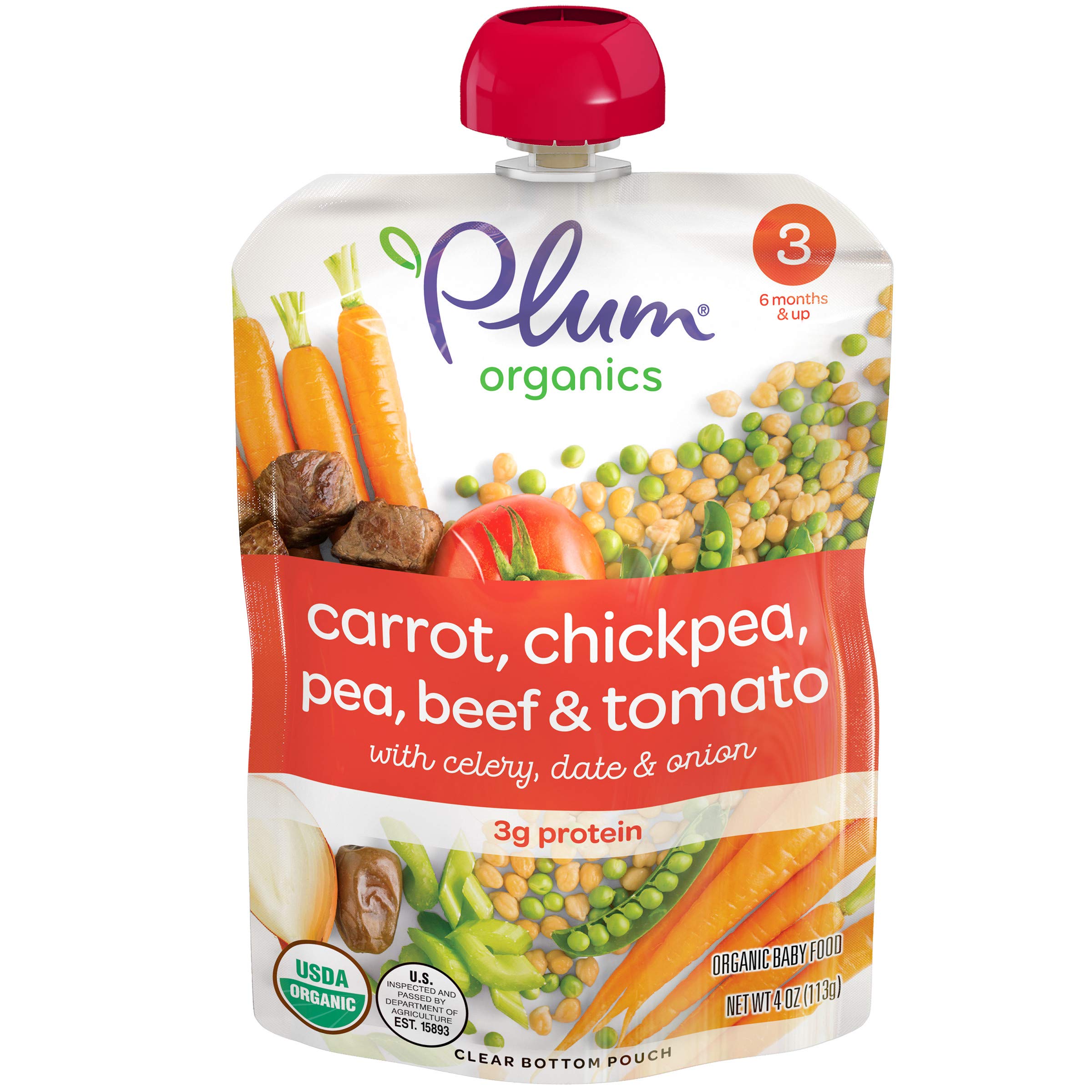 Plum Organics, Organic Baby Food, Stage 3, Carrot, Chickpea, Pea, Beef & Tomato, 4 oz (113 g)
