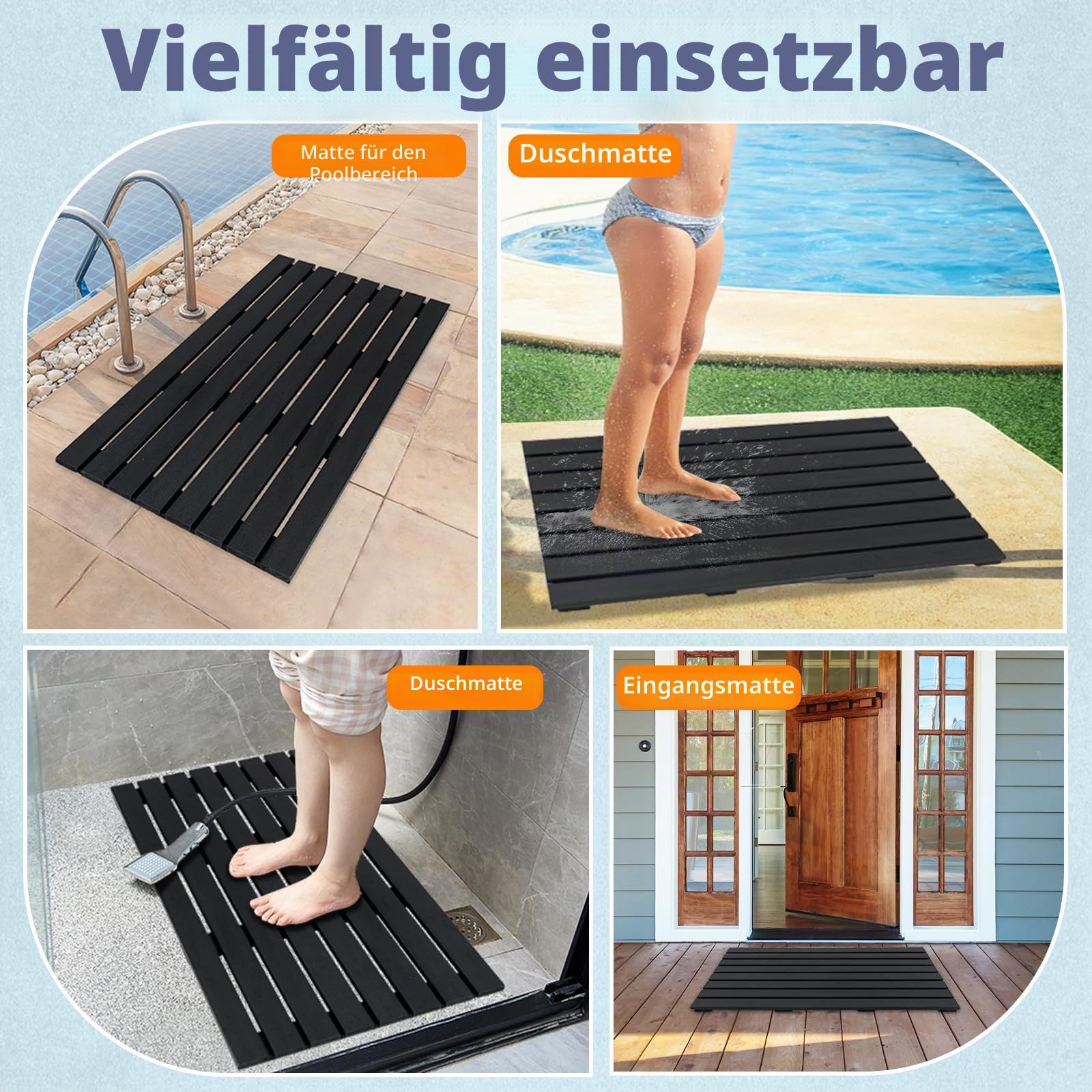 SOARS Badematte rutschfest & wasserdicht, Duschmatte aus WPC mit Holzoptik, Bodenplatte für Innen- und Außenbereich, 100 x 60cm, Schwarz
