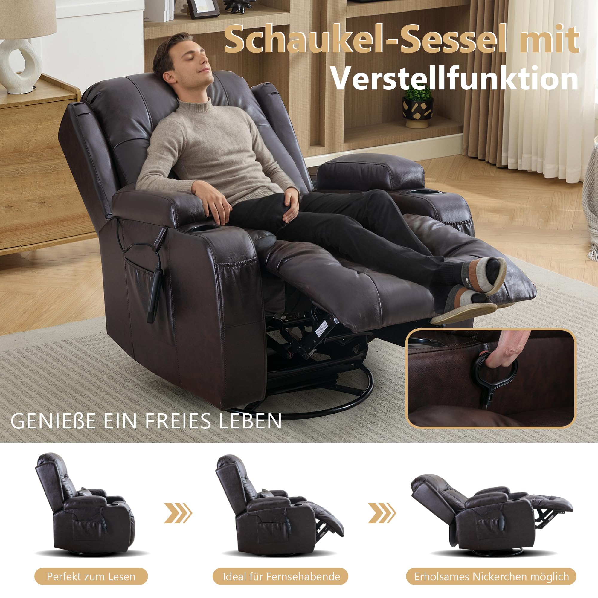 Relaxsessel mit Liegefunktion, Massagesessel mit Wärmefunktion, 360° Drehbarer Fernsehsessel Wohnzimmer, Schaukelstuhl mit Kissen/Seitentaschen/Getränkehalter (Rötlich-braun)