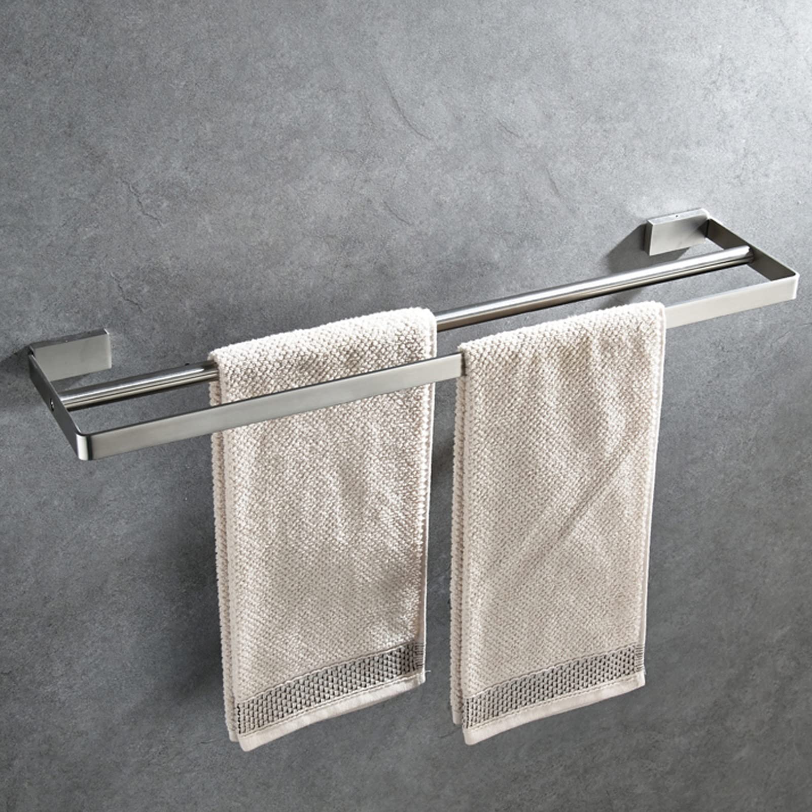 Barra para Toallas de Plata cepillada, rieles de Pared, Soporte Doble con Base Cuadrada para baño o Cocina - Montaje con Tornillos (Tamaño: 60 cm)