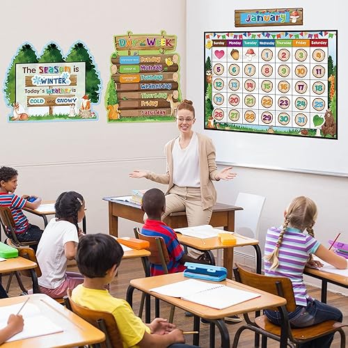 Miniatura 6 de Tenare Juego de tablones de anuncios de calendario de aula, calendario de estaciones, tablón de anuncios y exhibición de aula con calcomanías para