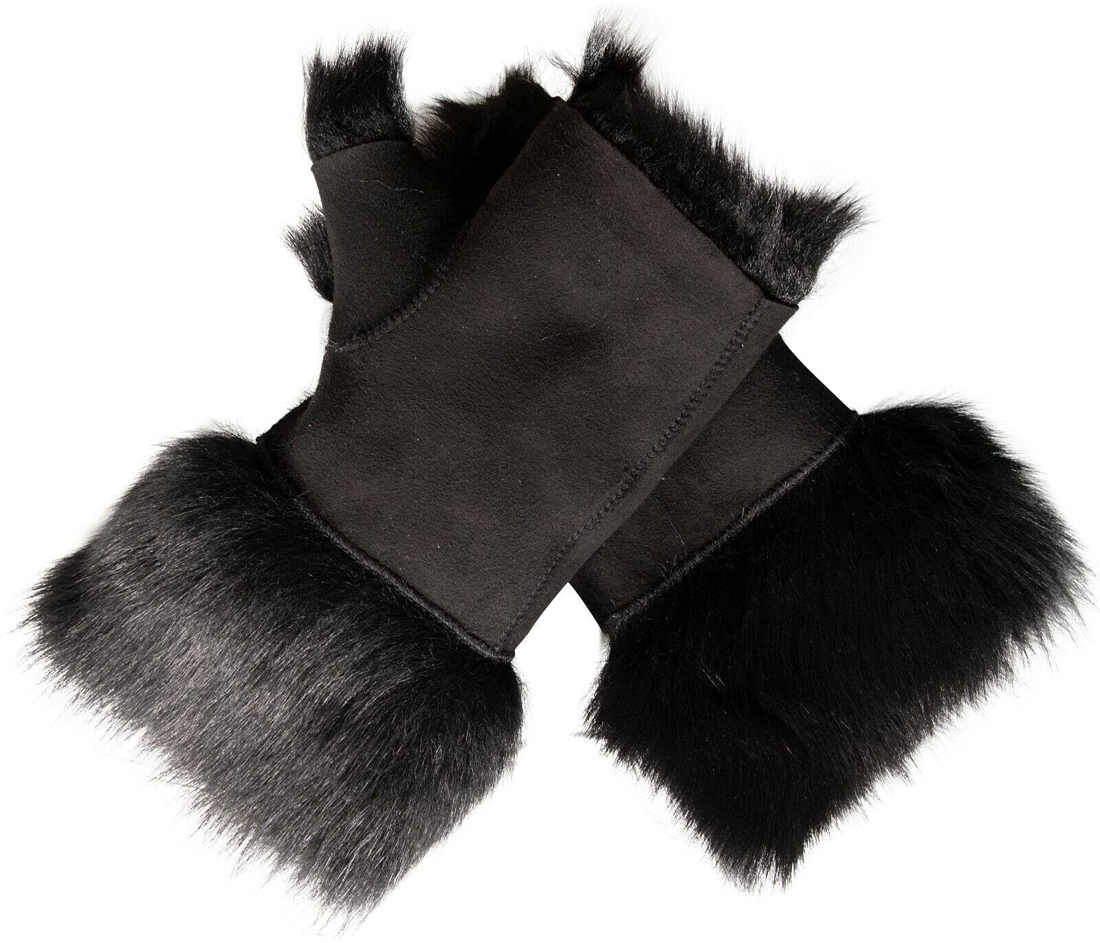 Infinity Leather Women's Shearling Mittens Fingerless Cuffs Toscana Suede Sheepskin Fur in Black