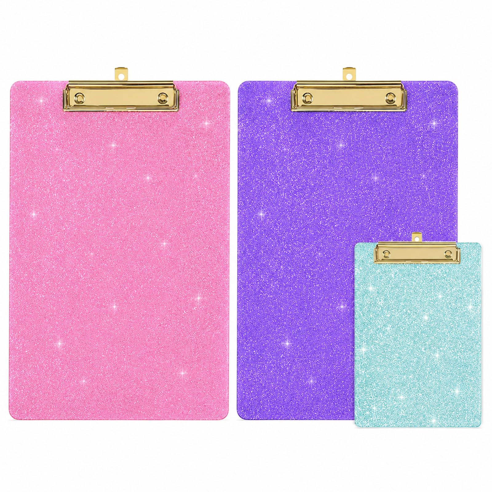 3 Pack Glitter Clipboards, 2 A4 and 1 A6 Plastic Clip Boards in 3 Colours