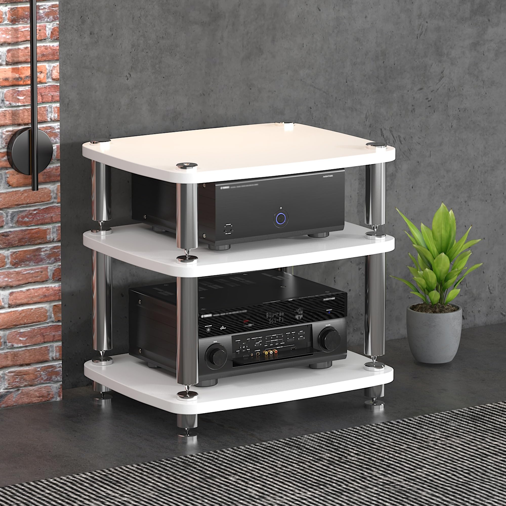 1/2/3/4 Tier AV Media Shelf Record Player Corner TV Stand Audio Rack Stereo Cabinet Split Shock Absorber Design for Entertainment Center Living Room Game Room Music Studio(White,60*48*57cm)