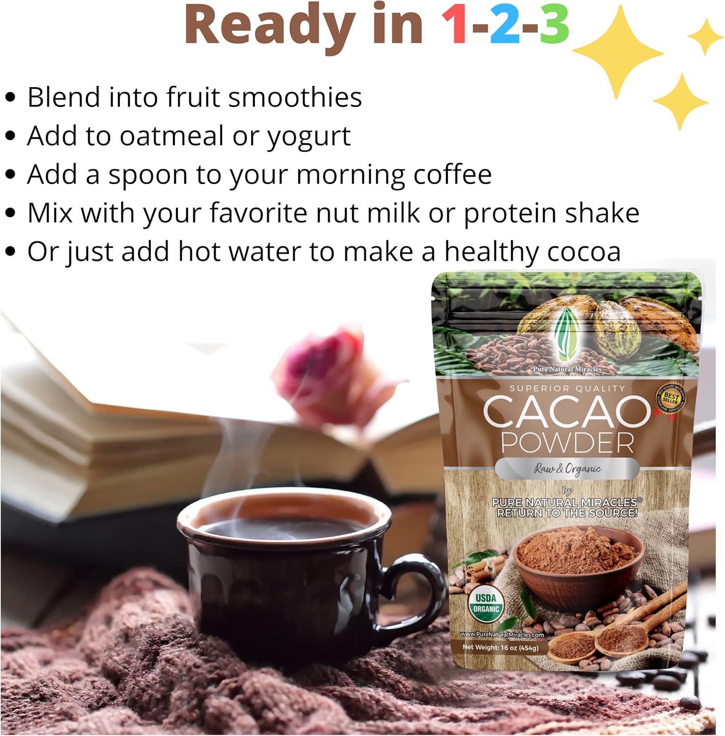 e Natural Miracles Cacao Powder Organic - , Unsweetened,