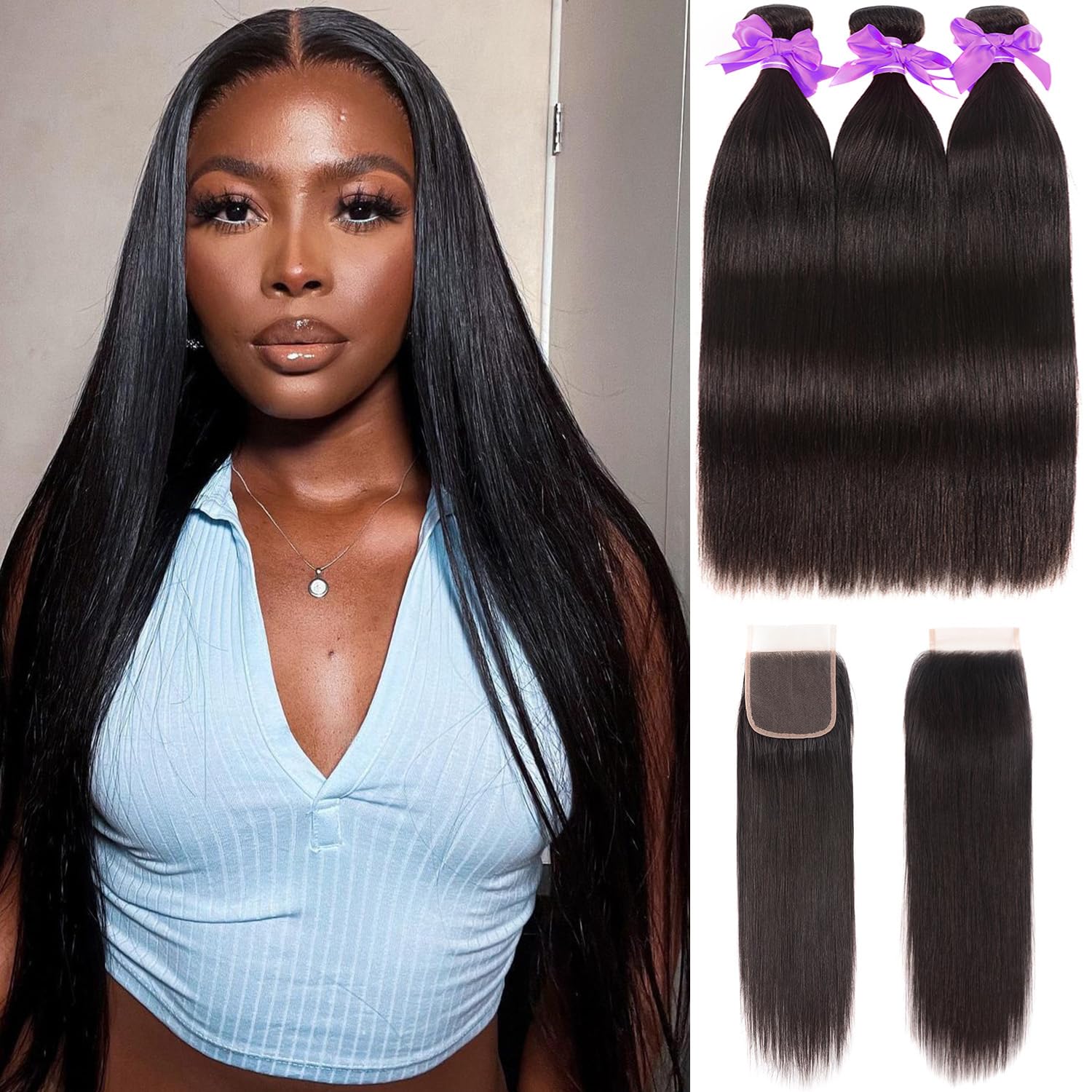 Tandovee Straight Bundles with Closure Human Hair 10A Human Hair Bundles Brazilian Hair Bundles Deals Human Hair Virgin Raw Bundles Human Hair Extensions Natural Color (18 20 22+16)