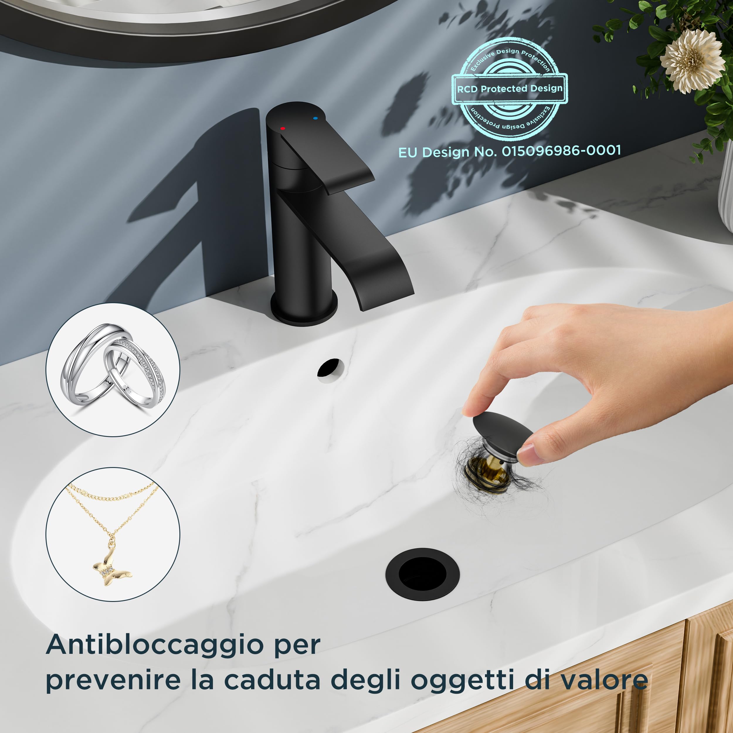 FORIOUS Rubinetto Bagno Lavabo Nero con Piletta, Miscelatore Monocomando, Rubinetto a Cascata con Altezza Beccuccio 98MM, Design Moderno