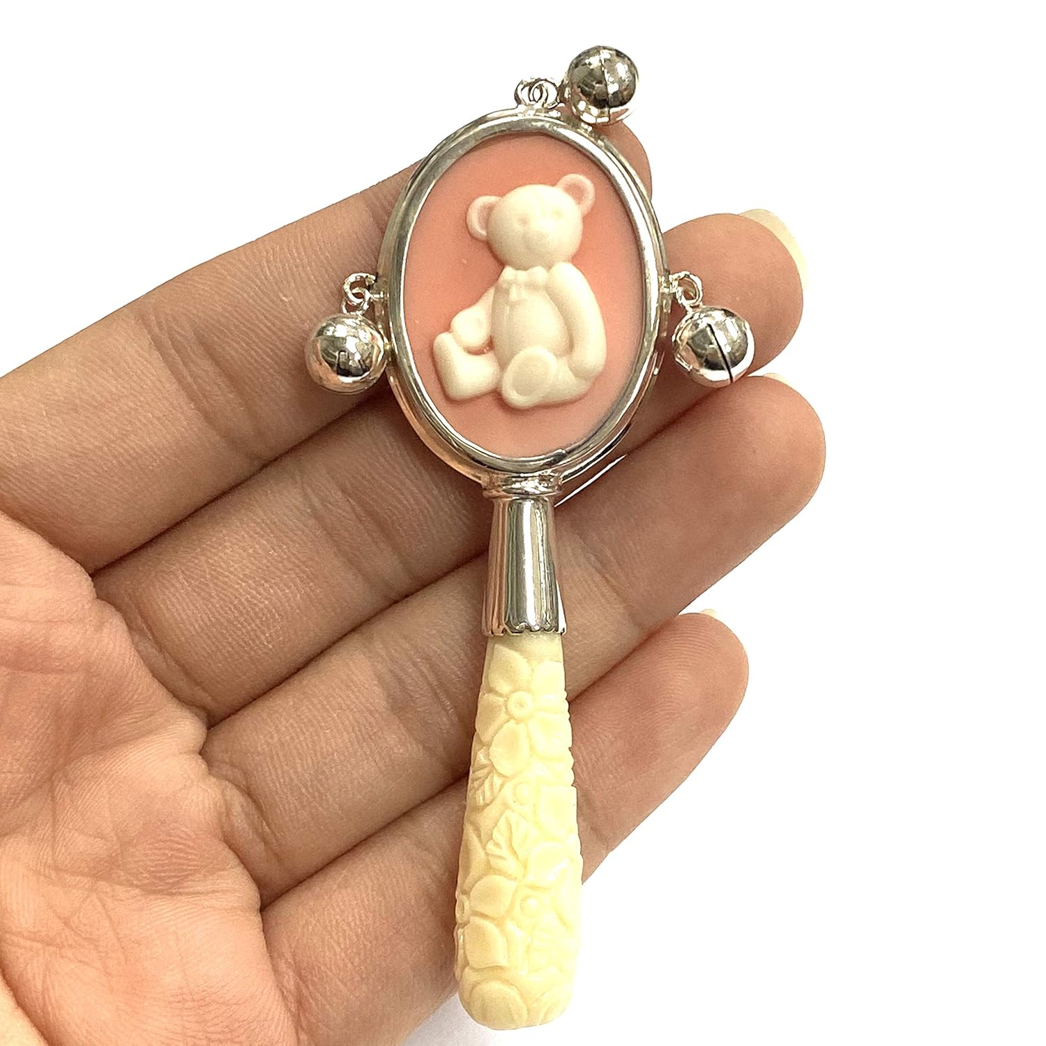 Victorian Style Teddy Bear Pink Cameo Baby Rattle with Carved Resin Handle