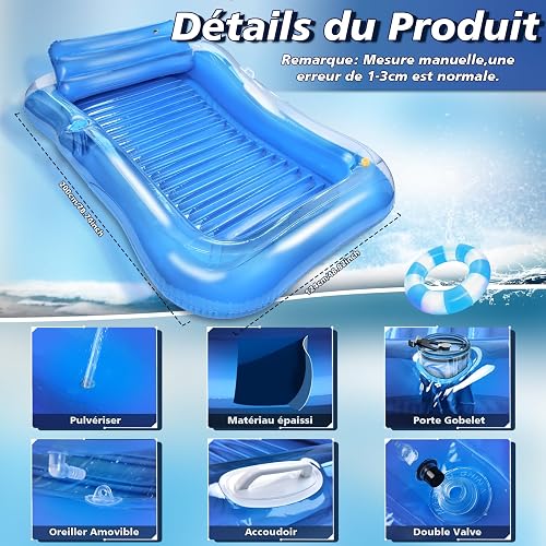 JONRRYIN Materassino Gonfiabile Mare Adulti, Amaca Galleggiante Relax, Tanning Pool Sdraio con Poggiatesta Integrato, Letto Acqua Comfort 200 × 124 cm per Spiaggia Lago Feste Estive Vacanze (Blu) - 2