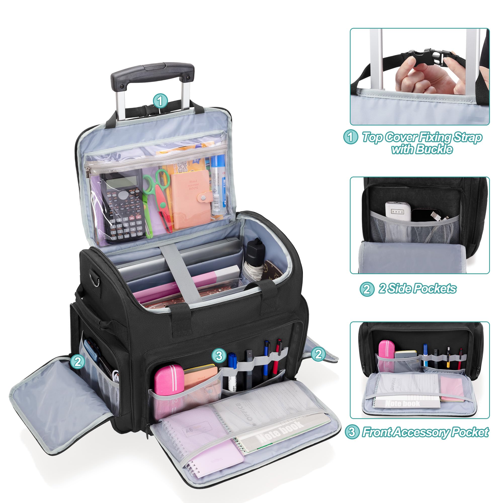 CURMIO Bolsa de Profesora con Ruedas, Bolso Trolley para Maestra con Organizador de Archivos Expandible, Negra (Diseño Patentado)