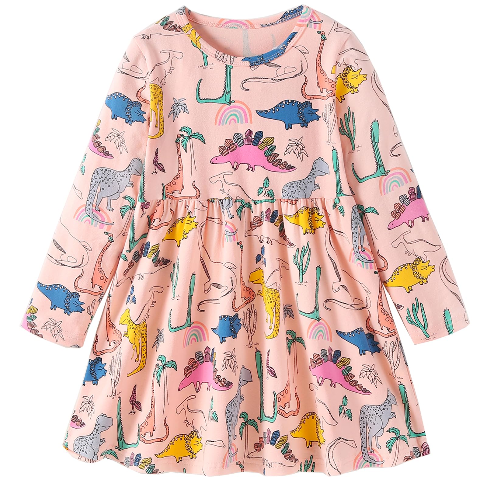 Julerwoo Toddler Girls Dinosaur Dress Long Sleeve Cotton Casual Dress for 2-10 Years