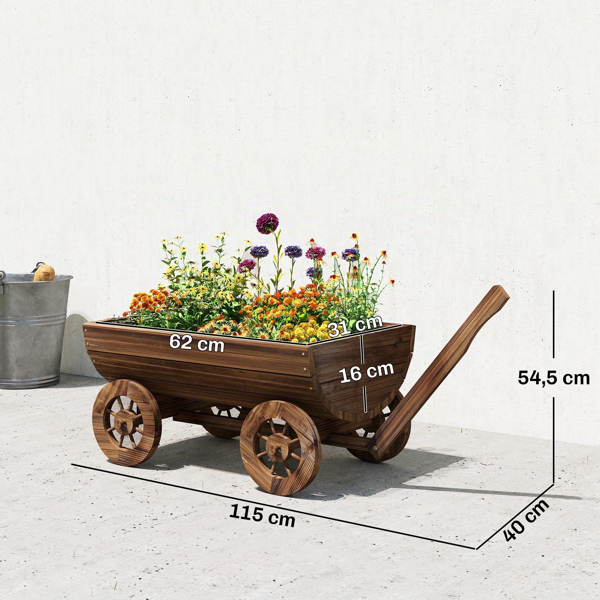 Outsunny Carrito de Madera Decorativa con 4 Ruedas y Mango 115x40x54,5 cm | Jardinera Exterior Móvil con Orificio de Drenaje, Macetero Exterior para Cultivos, Plantas, Jardín, Terraza, Carbonizado