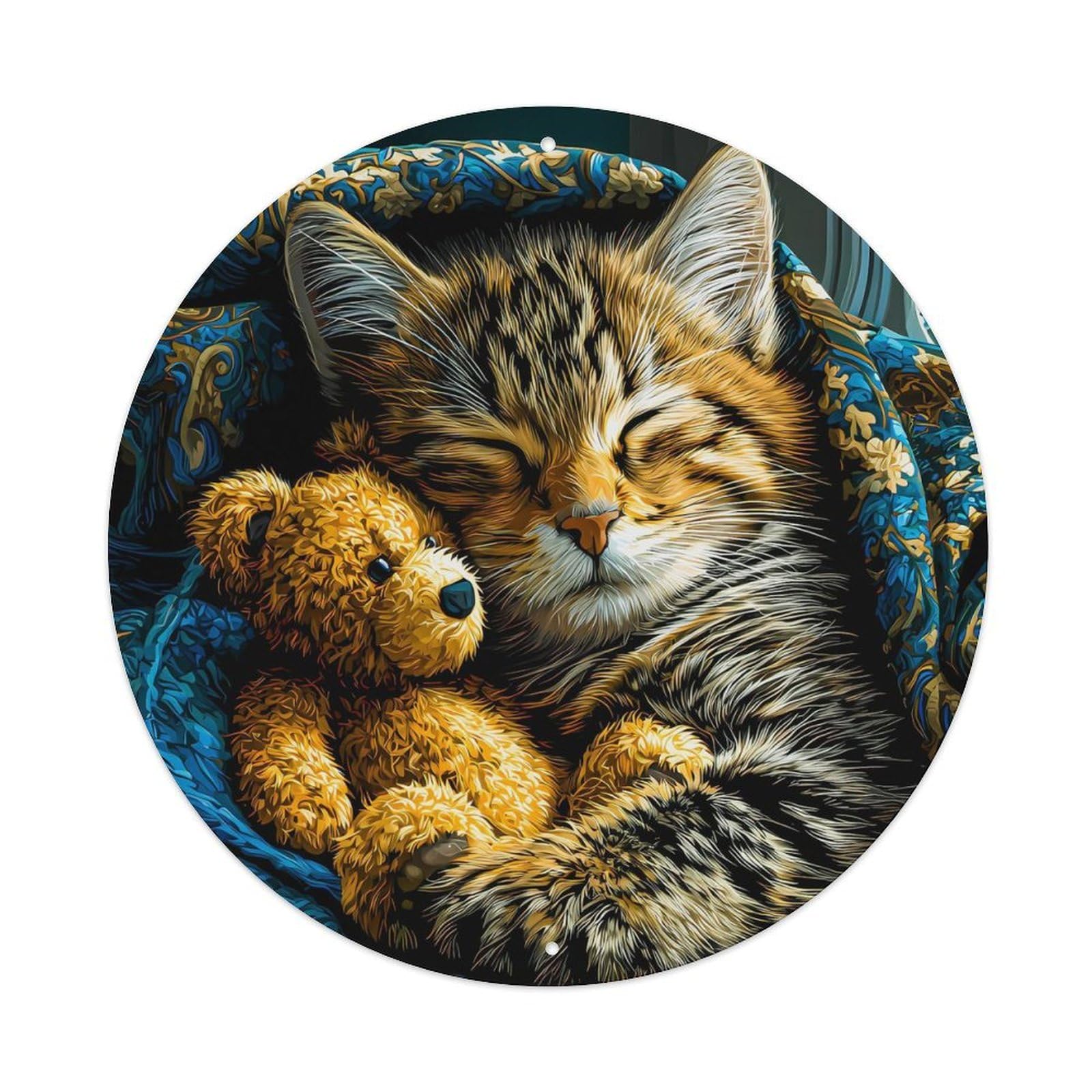 Animal Poster Tabby Kitten Sleeping with Teddy Bear Cozy Calm Vintage Metal Tin Sign Plaque Wall Decor for Cafe, Club Bar, Office, Garden Metal Poster 8x8Inch