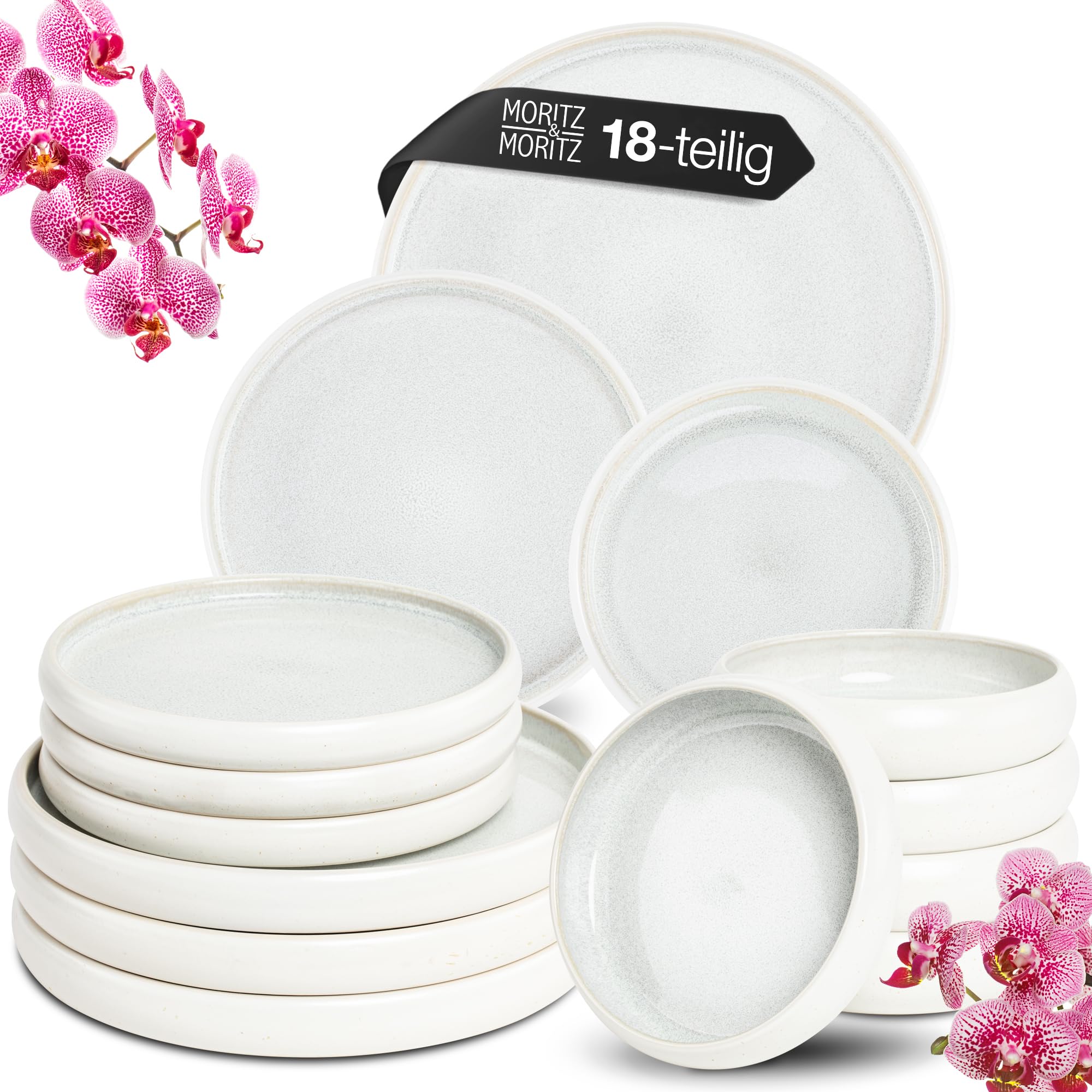 Moritz & Moritz SOLID UNI Geschirrset 6 Personen Creme 18-teilig - Modernes Steinzeug Geschirr Set - Mikrowellen- & Spülmaschinenfest, Essgeschirr, Tafelservice, Kombiservice 6 Personen