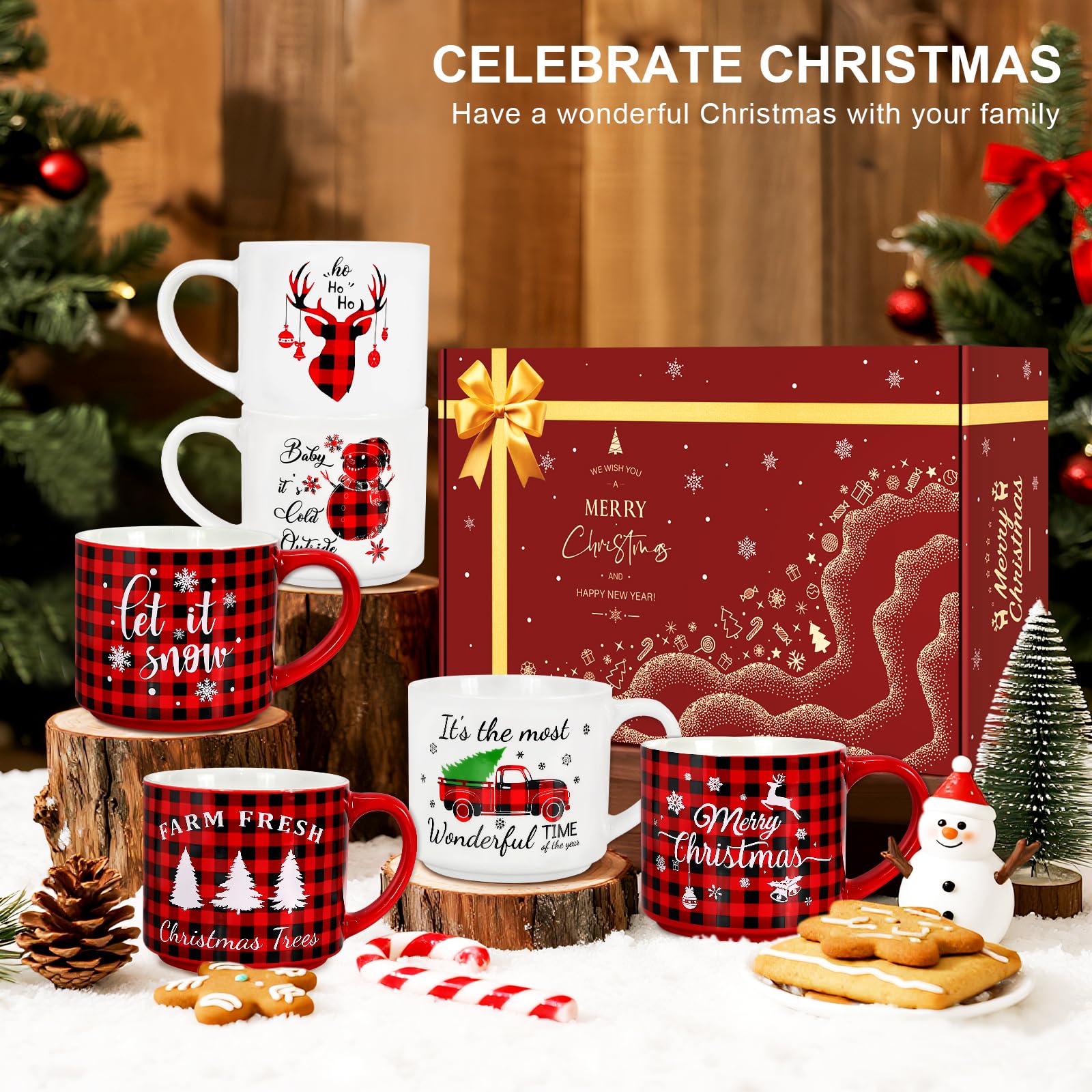 QIKSION Ceramiczny kubek bożonarodzeniowy zestaw 6 sztuk, 470 ml, czerwony czarny krata świąteczny kubek do kawy, można układać w stos, jako prezenty świąteczne dla rodziny, przyjaciół i kolegów