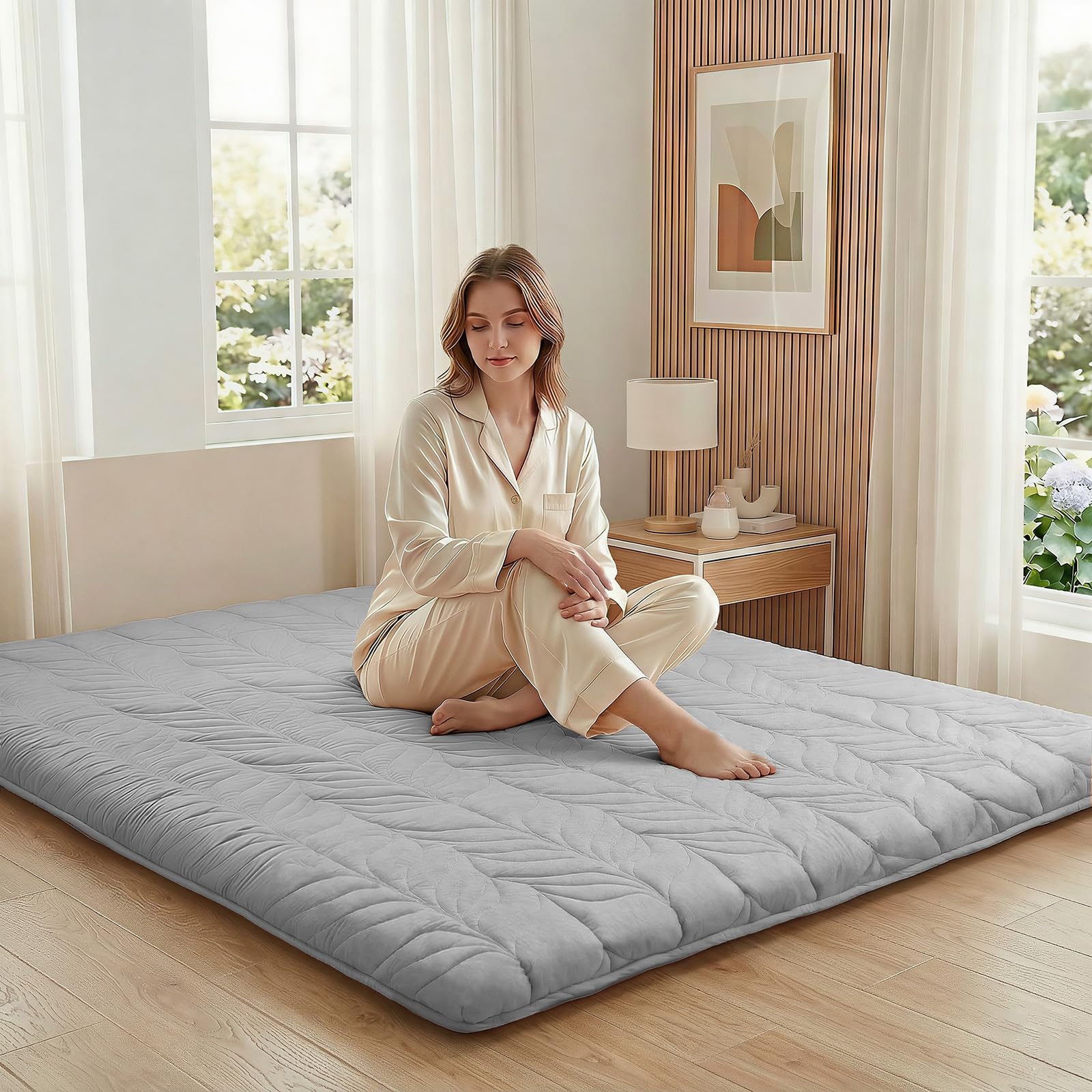 ZonLi Japanese Floor Mattress Futon Mattress Queen Size, Thicken Roll Up Tatami Mat 100% Cotton Washable Cover, Portable & Foldable Floor Bed Mattress