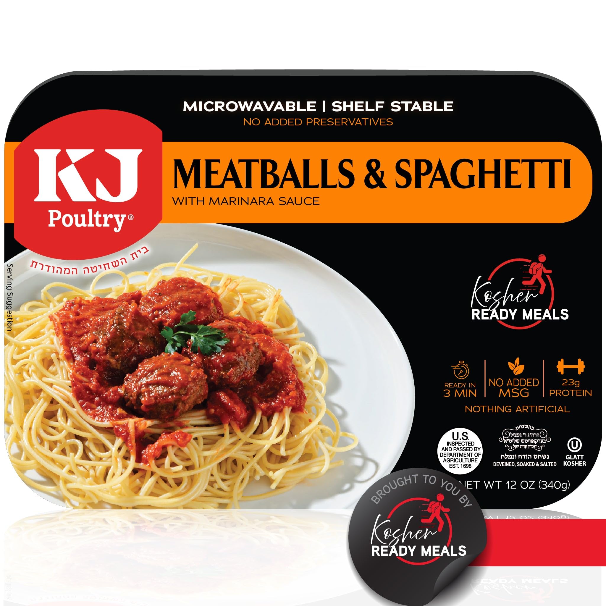 KJ PoultryKosher Ready Meals - Spaghetti & Meatballs, MRE Meals Ready to Eat (1 Pack) Prepared Entree Fully Cooked, Shelf Stable Microwave Dinner Travel, Military, Camping, Emergency Survival