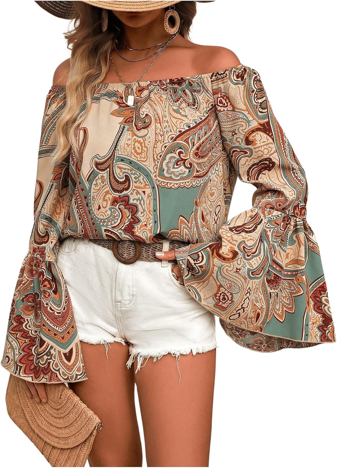 GORGLITTER Women's Off The Shoulder Bell Long Sleeve Top Allover Print Blouse Shirts