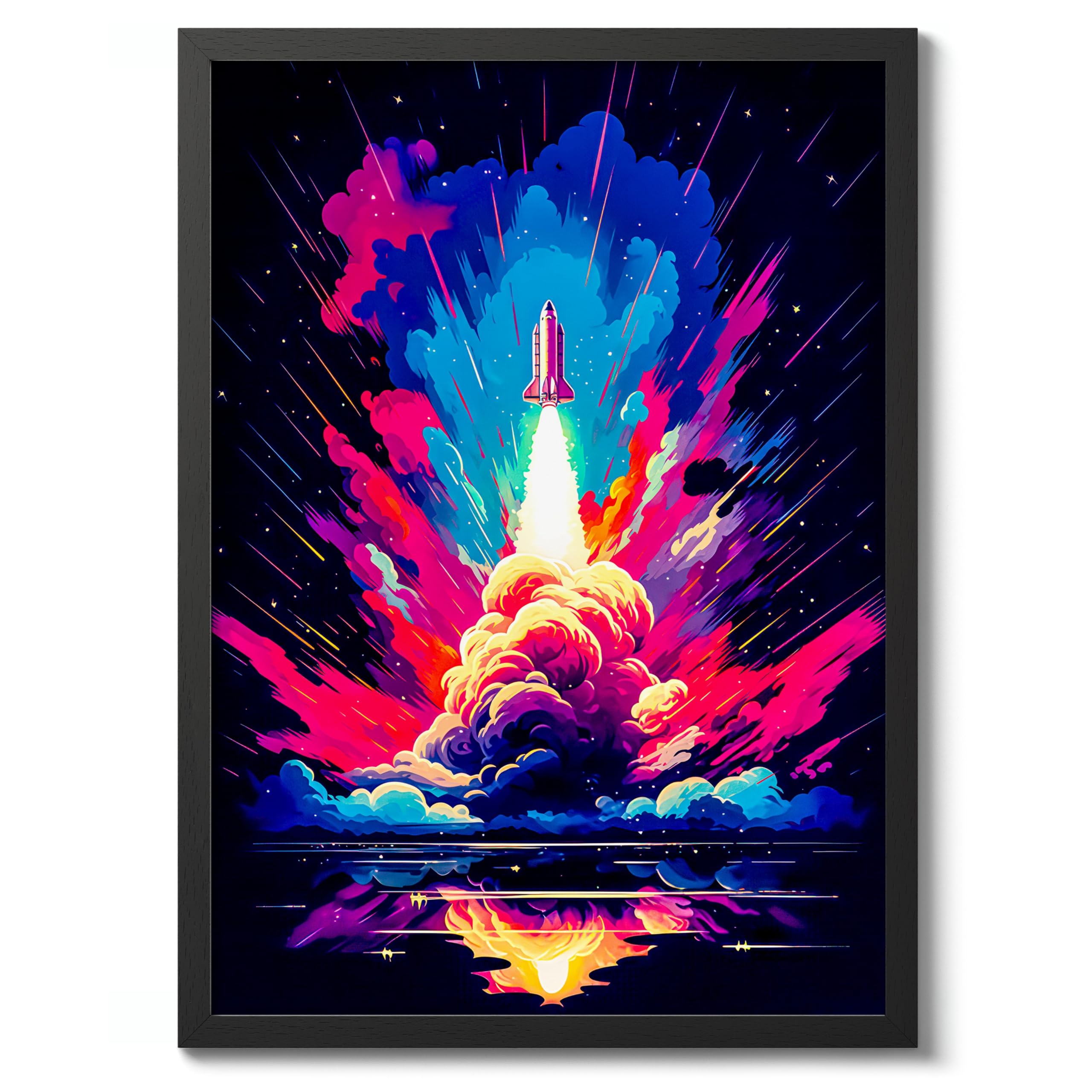 Spaceship Space Poster, Colourful Abstract Astronomy Wall Art Home Decor, Astronaut Planets Print, Archival Matte, A4 (Black Frame) - 29.7x21cm