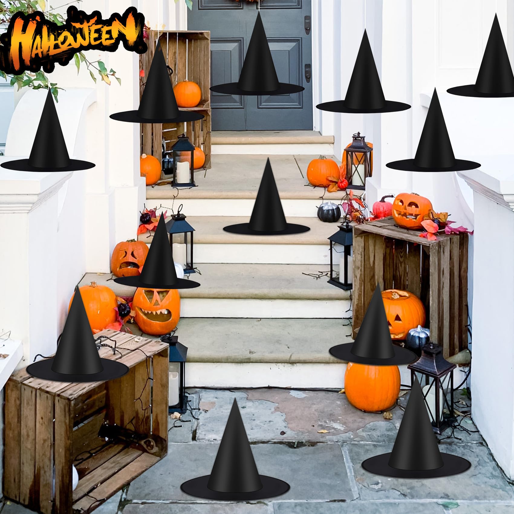 12 PCS Halloween Witch Hats - Black Hanging Witch Hat with 115 FT Rope for Indoor/Outdoor Decorations