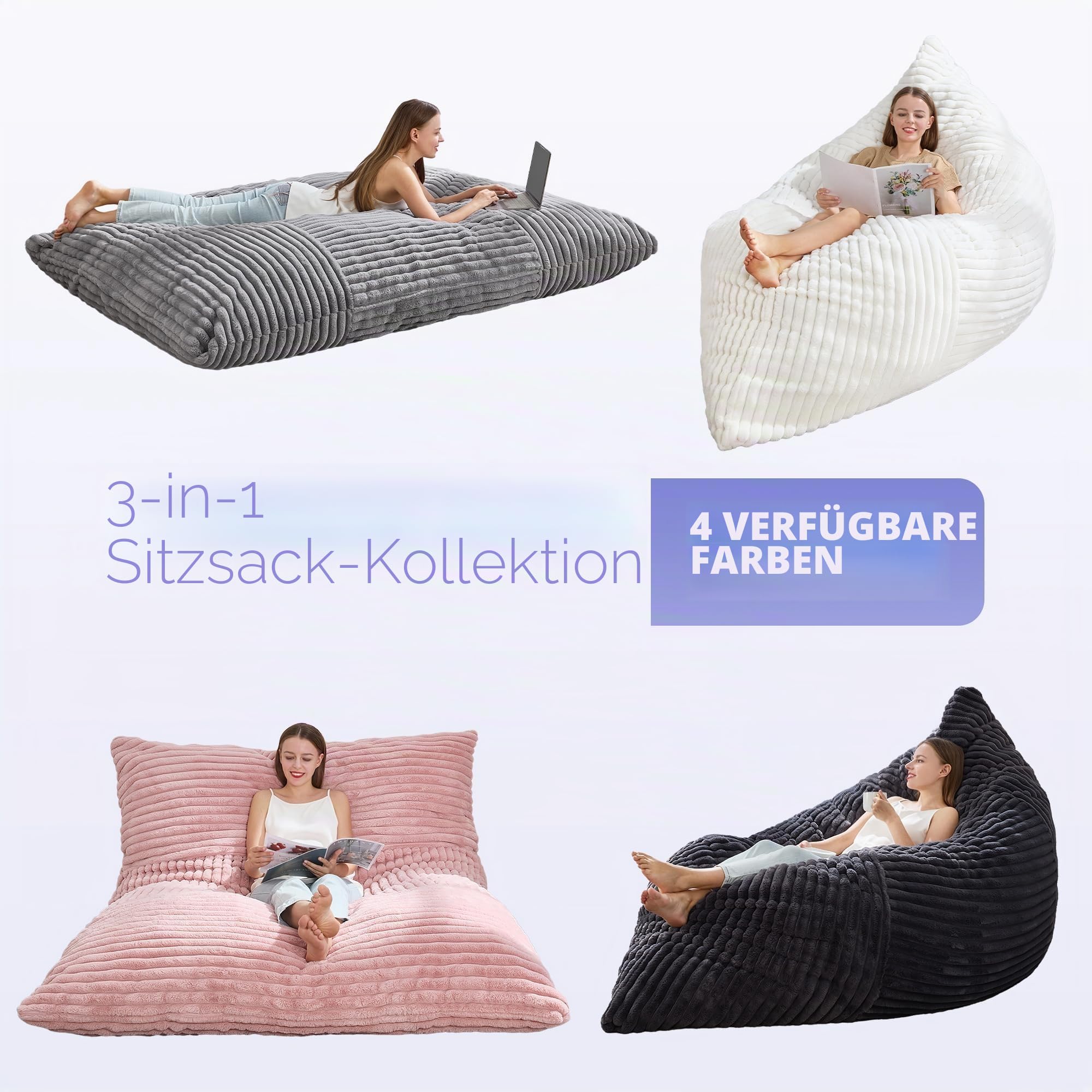 Hobestluk 3-in-1 Sitzsack Riesen Sitzsack Umwandelbar Sitzsack Bodenkissen mit maschinenwaschbarem Bezug, Sitzsäcke für Erwachsene (Grau)