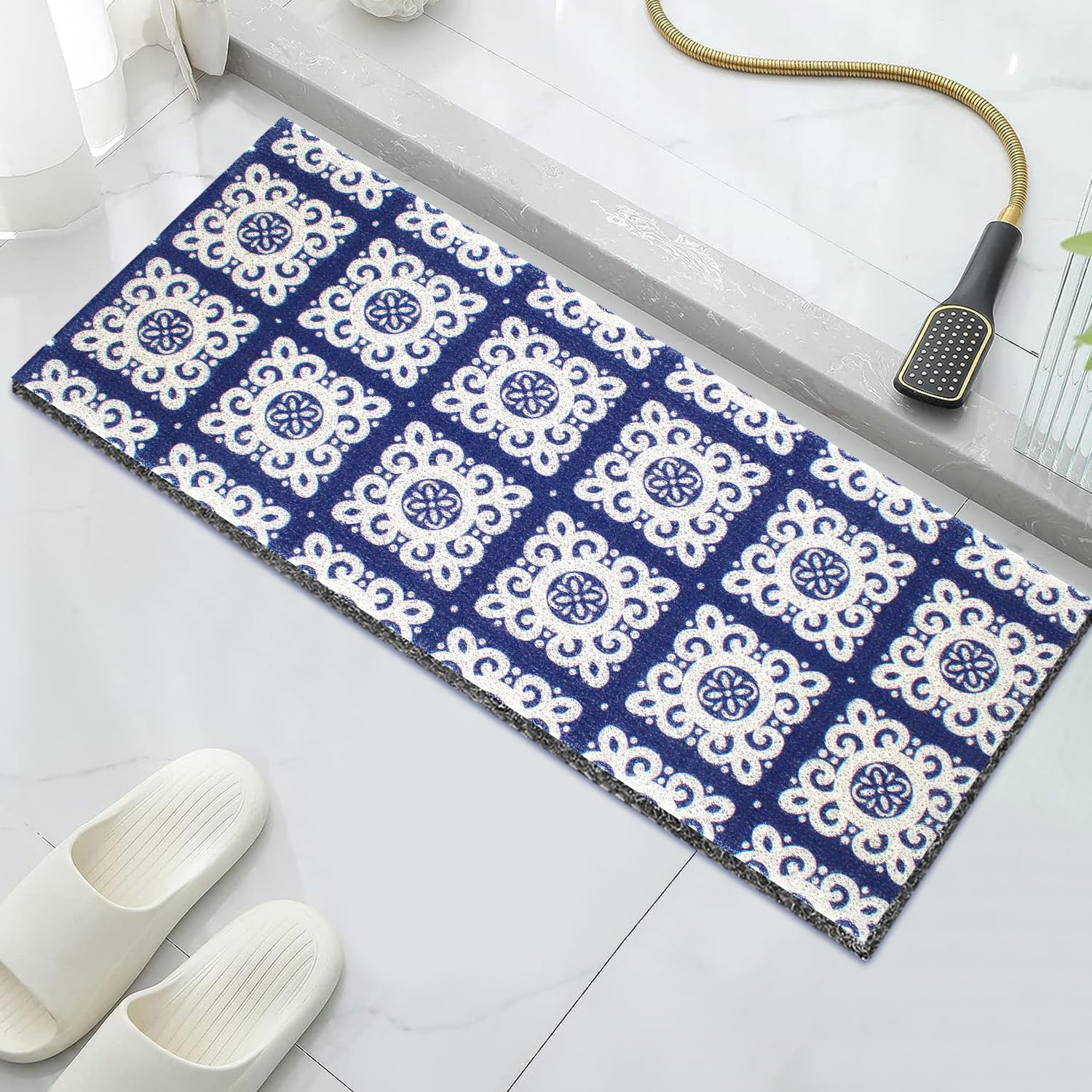 Shower Mat Non Slip, 15.7×36 Inch, Shower Mats for Showers Anti Slip, Non Slip Bath Mat for Shower and Bathroom, Wet Area, Quick Drying, No Suction Cups, Blue Flower Pattern