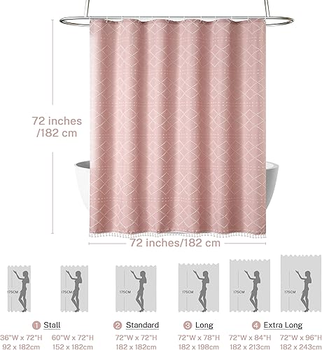 Miniatura 5 de Cortina de ducha bohemia con textura rosa con borlas, 72 x 72 pulgadas, cortina de ducha tejida de felpilla a rayas cheurón, moderna casa de campo,