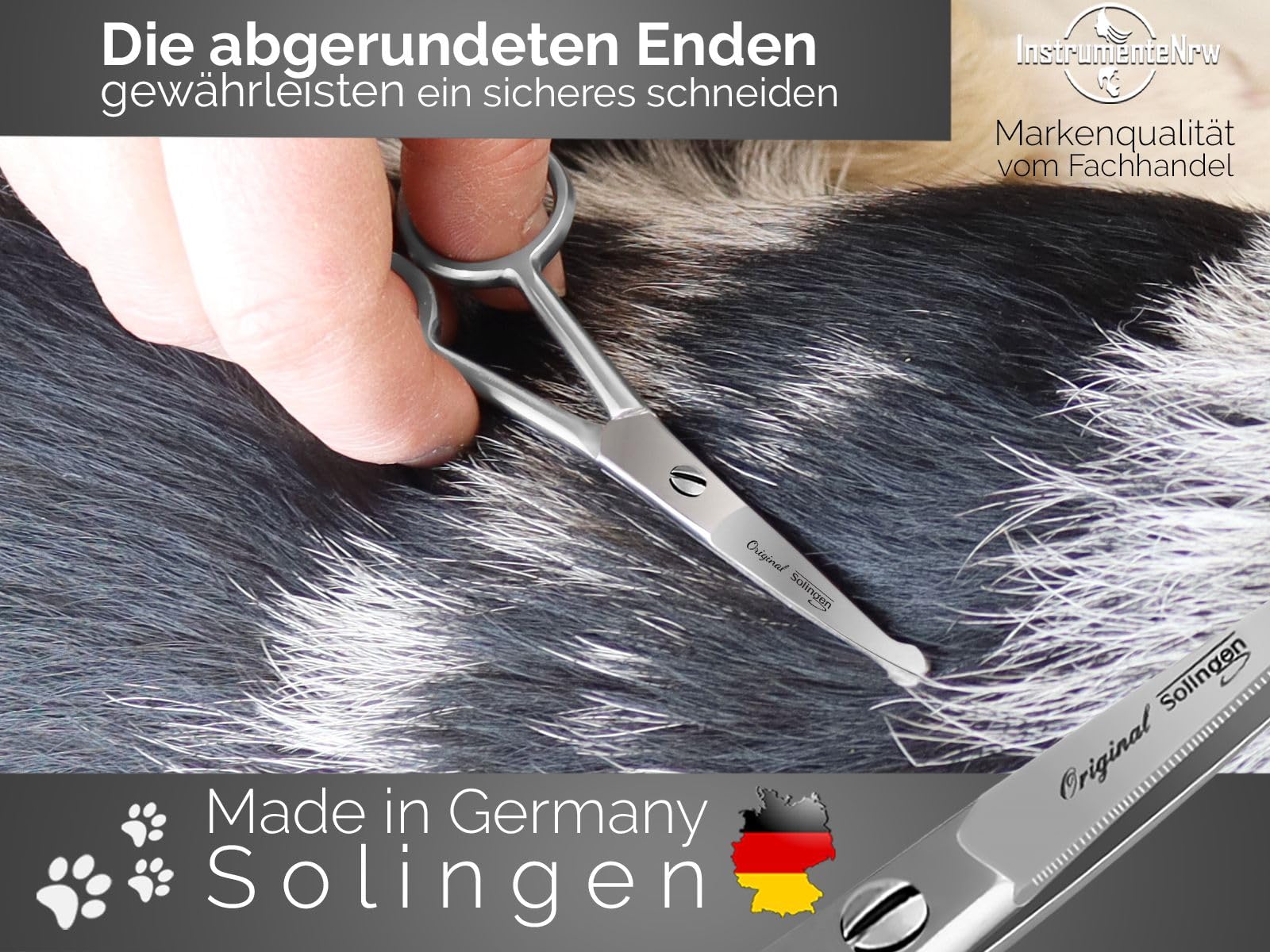 Pfotenschere Hunde Fellschere aus Solingen mit Mikroverzahnung, Haarschere mit gerader Schnittfläche und abgerundeten Spitzen 10,5 cm